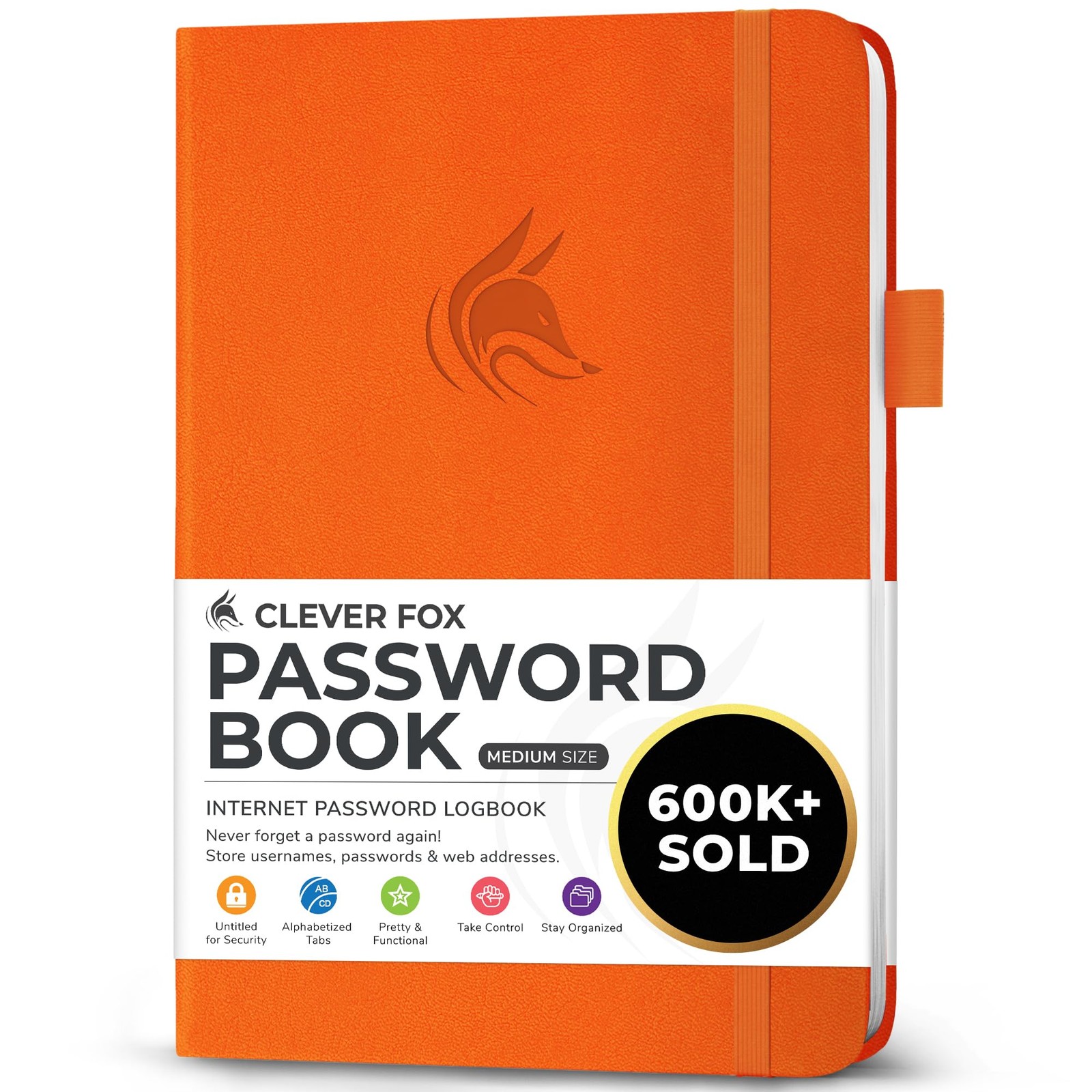 Clever Fox Password Book with alphabetical Medium (5.3 x 7.7 Inch), Orange