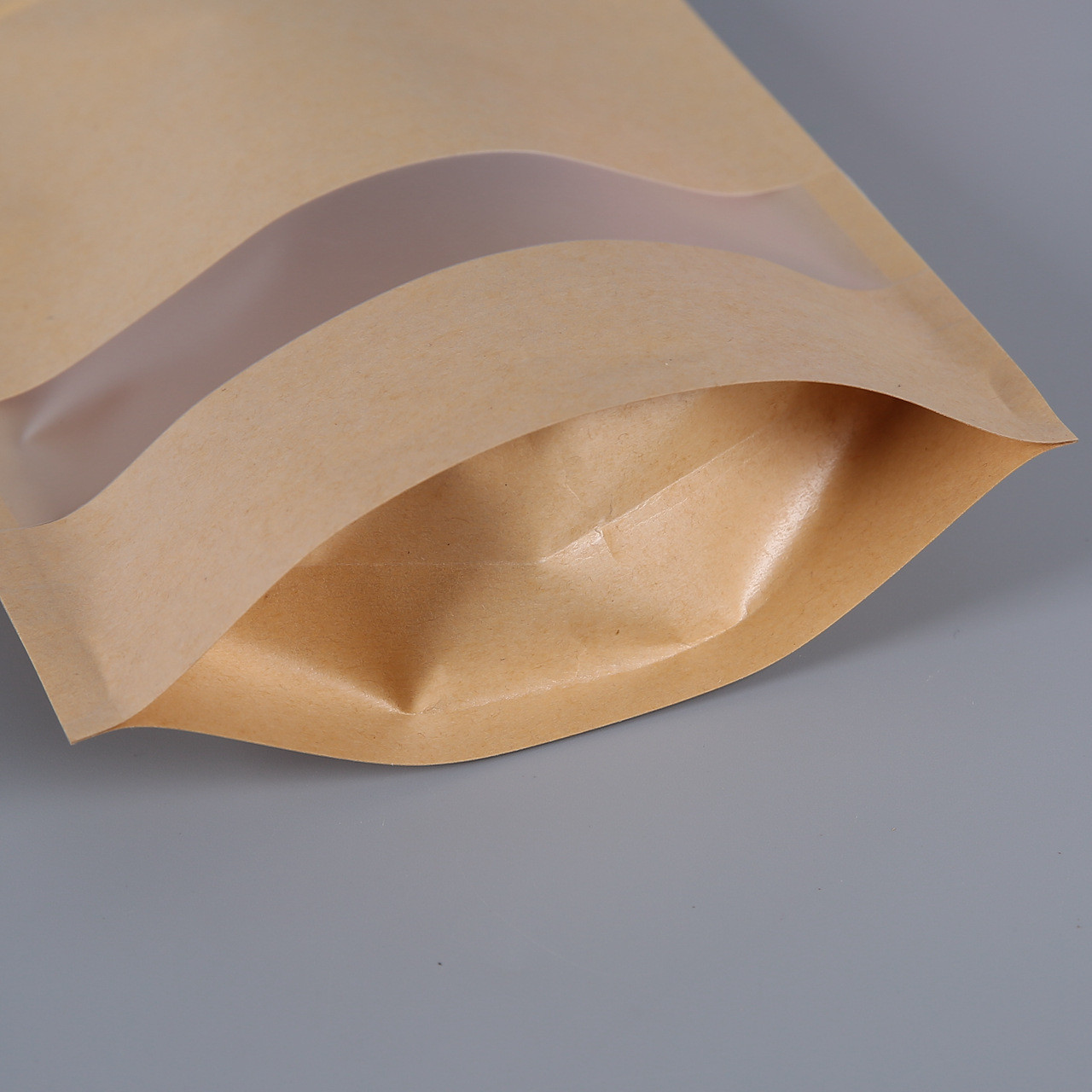 Brown / White Kraft Paper Pouches Stand Up Food Bag With Clear Window