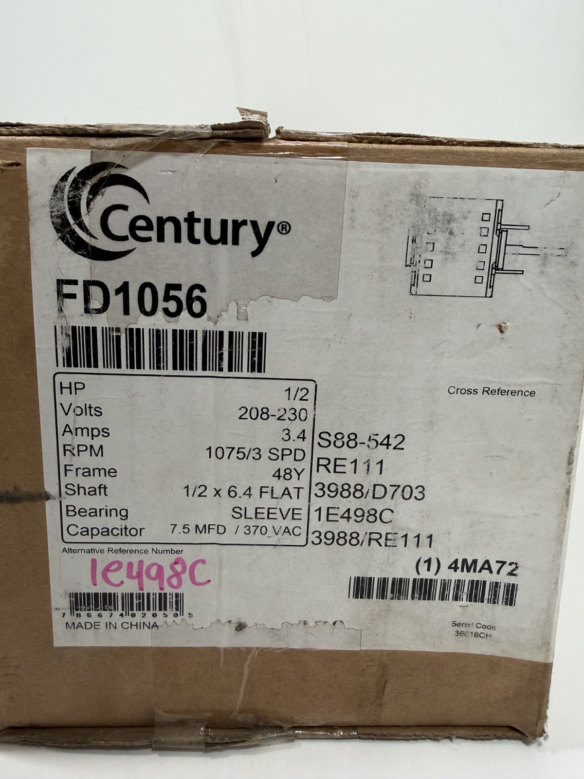 Century Fd1056 Motor Psc 1/2 Hp 1075 208-230V 48Y 3 Speed PSC Air Over