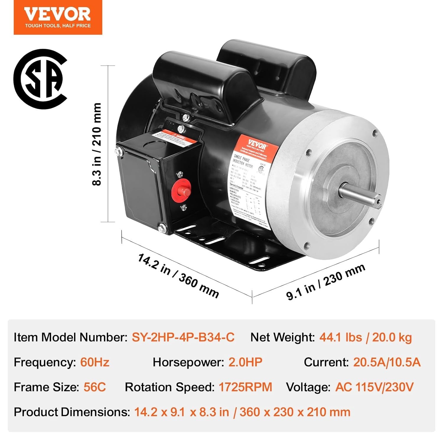 Reversible Rotation 2HP Electric Motor 56C Frame