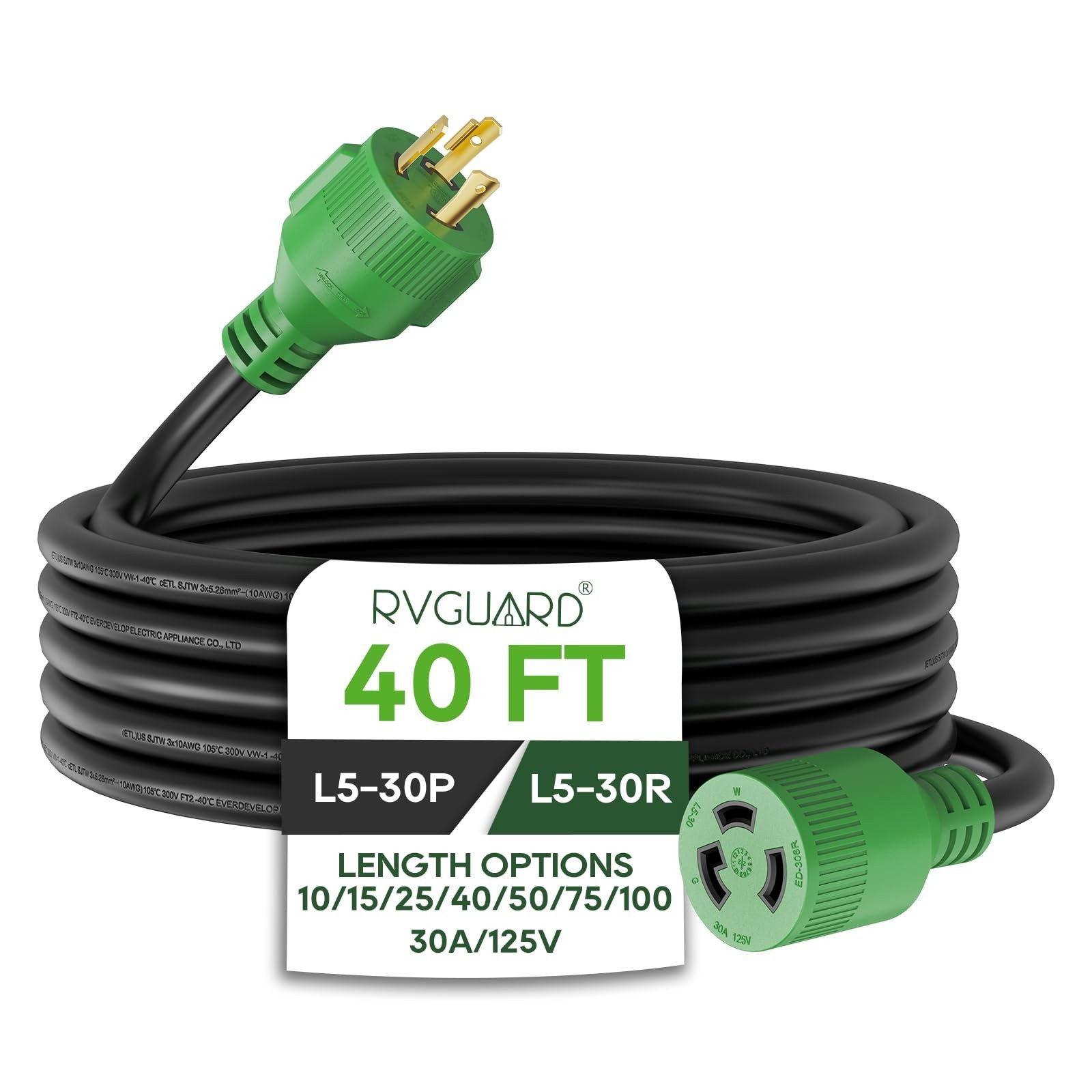 30 Amp 40ft Generator Extension Cord, ETL Listed, NEMA L5-30P/L5-30R, 10 Gauge