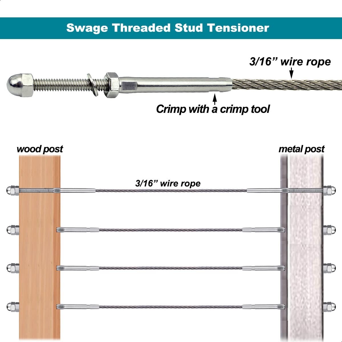 100 x T316 Stainless Steel Hand Swage Tensioner for 3/16» Cable Railing Systems