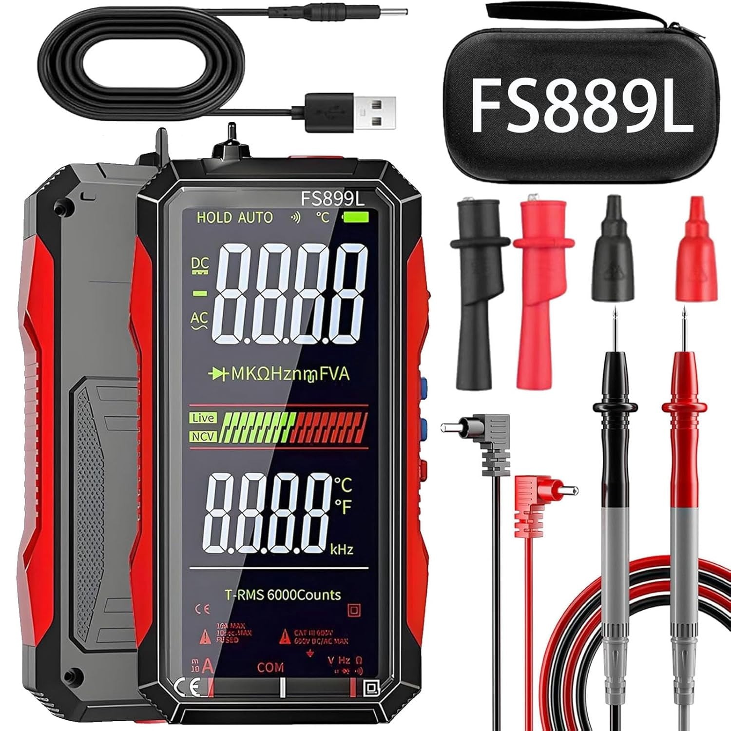 FS899L Digital Multimeter with Color Screen & Storage Case, USB C Rechargeable E