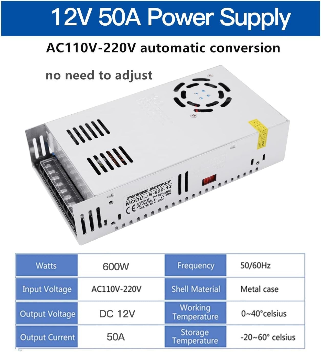 Stable 12V 50A 600W Universal Power Supply – Ideal for LED Strips & 3D Printers