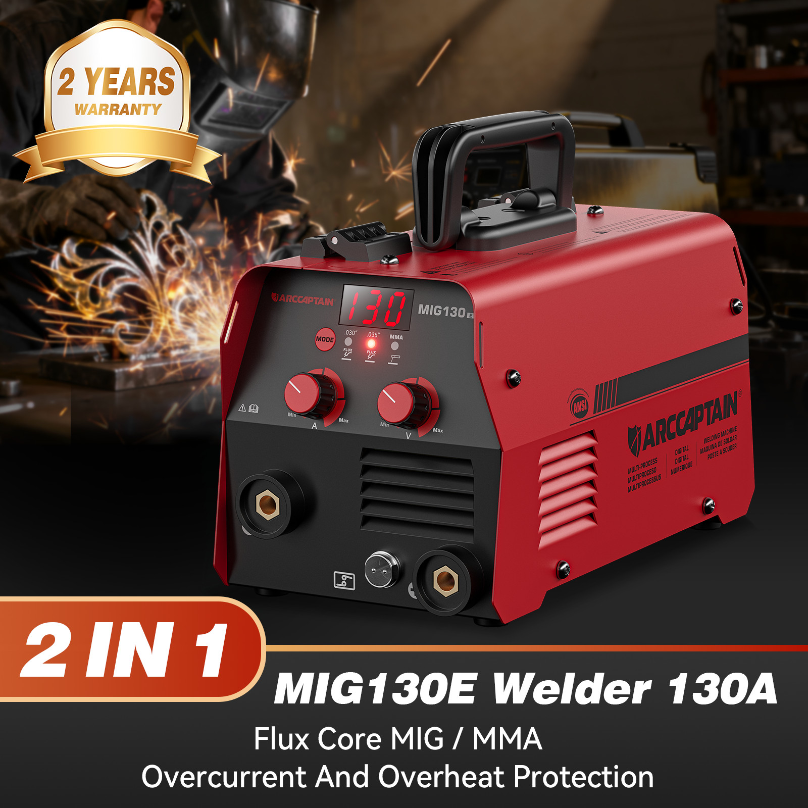 ARCCAPTAIN 130A MIG Welder 3-In-1 Welding Machine Digital Flux Core MIG/TIG/MMA