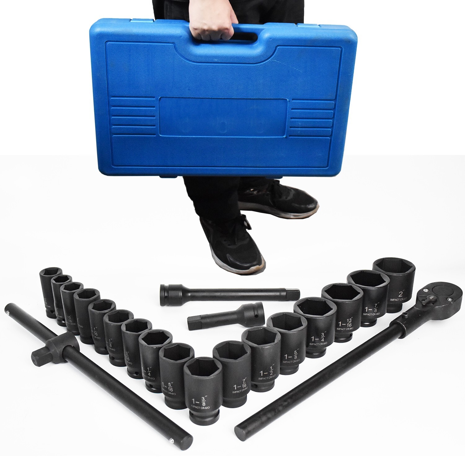 22Pcs Impact Socket Set 3/4″ Drive Deep SAE Cr-Mo Extension Bar Sliding T-Bar