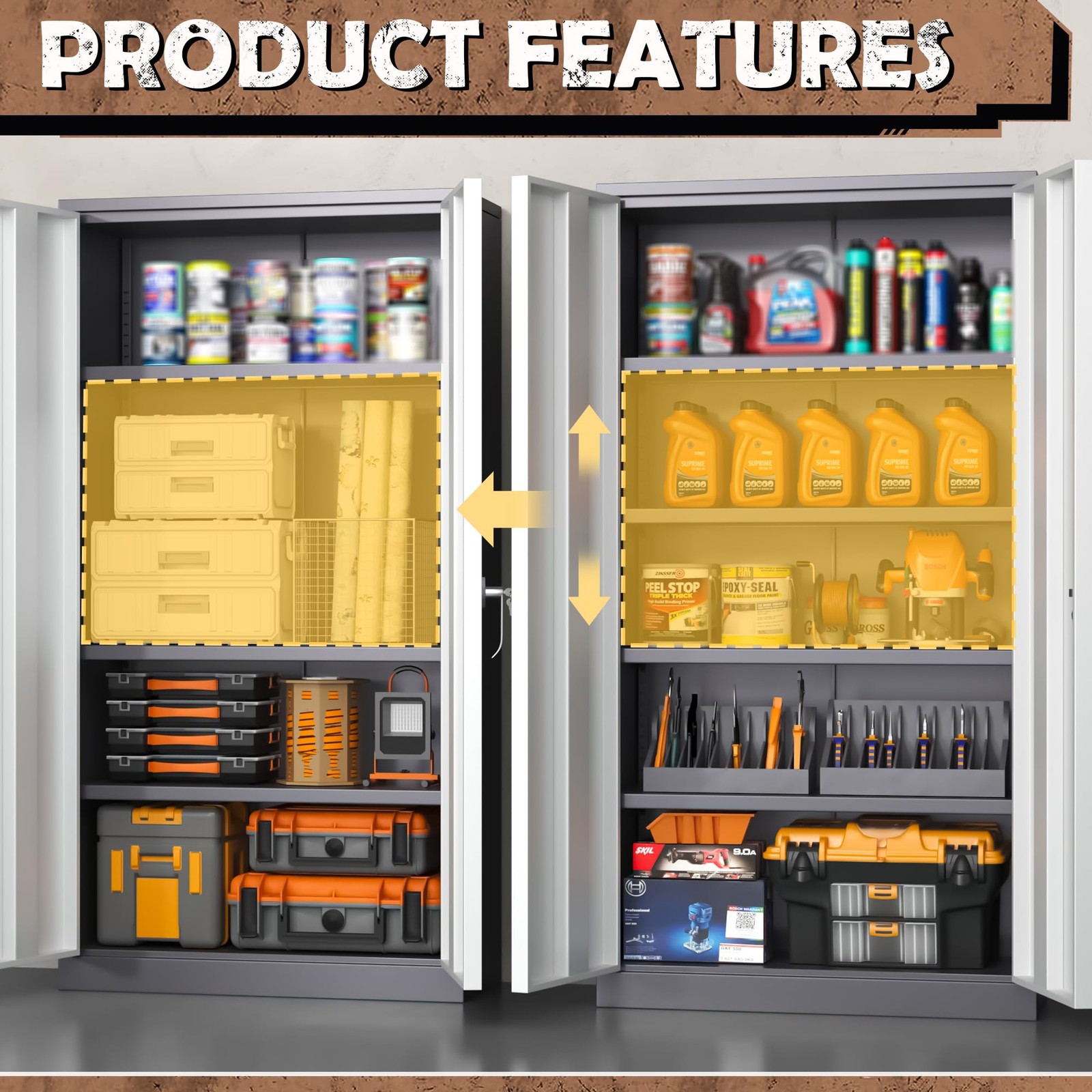 Metal Lockable Cabinet 72″H 2 Doors 4 Adj. Shelves Gray White Assembly Required