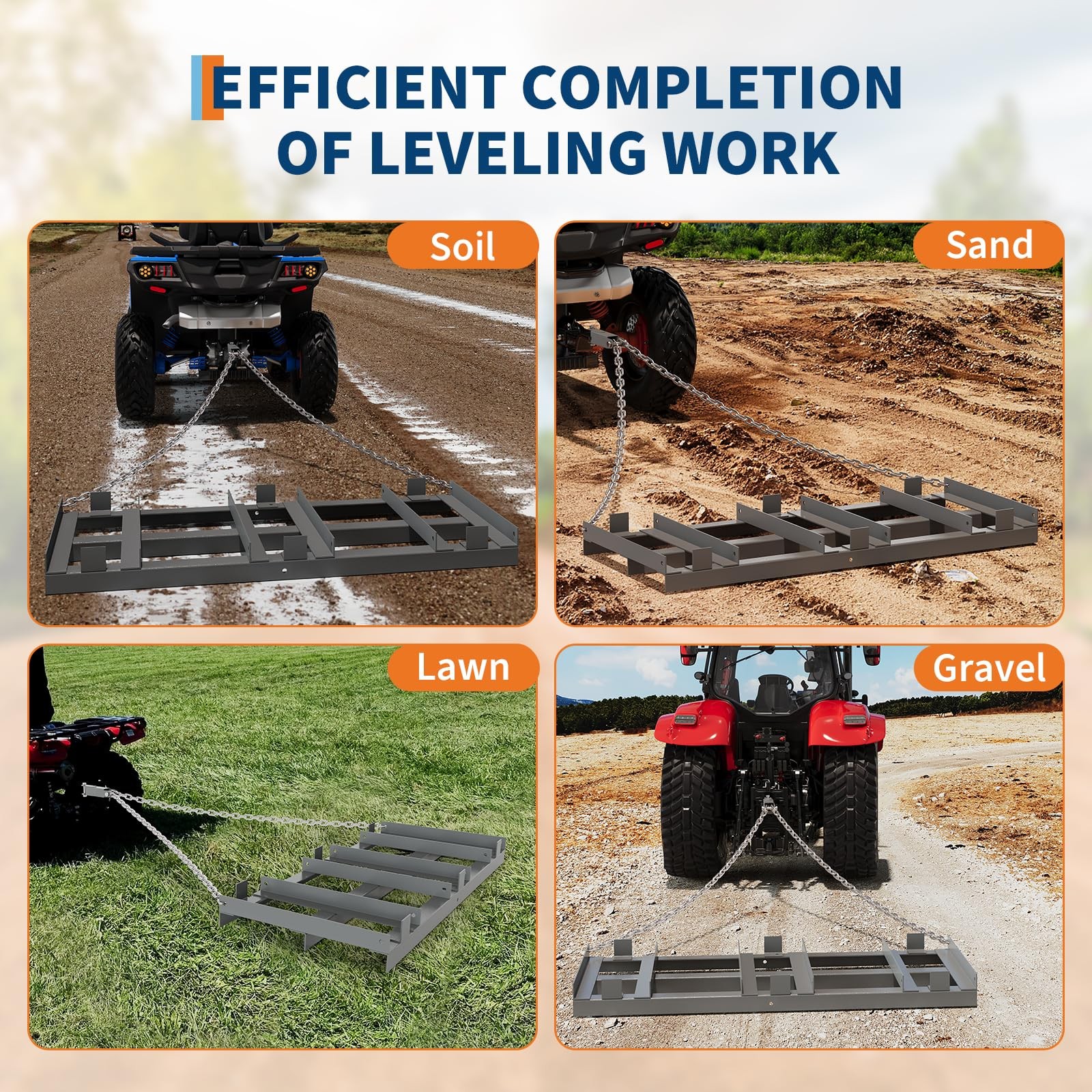 ⛳4/6/8 Ft Heavy Duty Tow Behind Drag Harrow W/6FT Chain for Gravel Sand Soil,Far