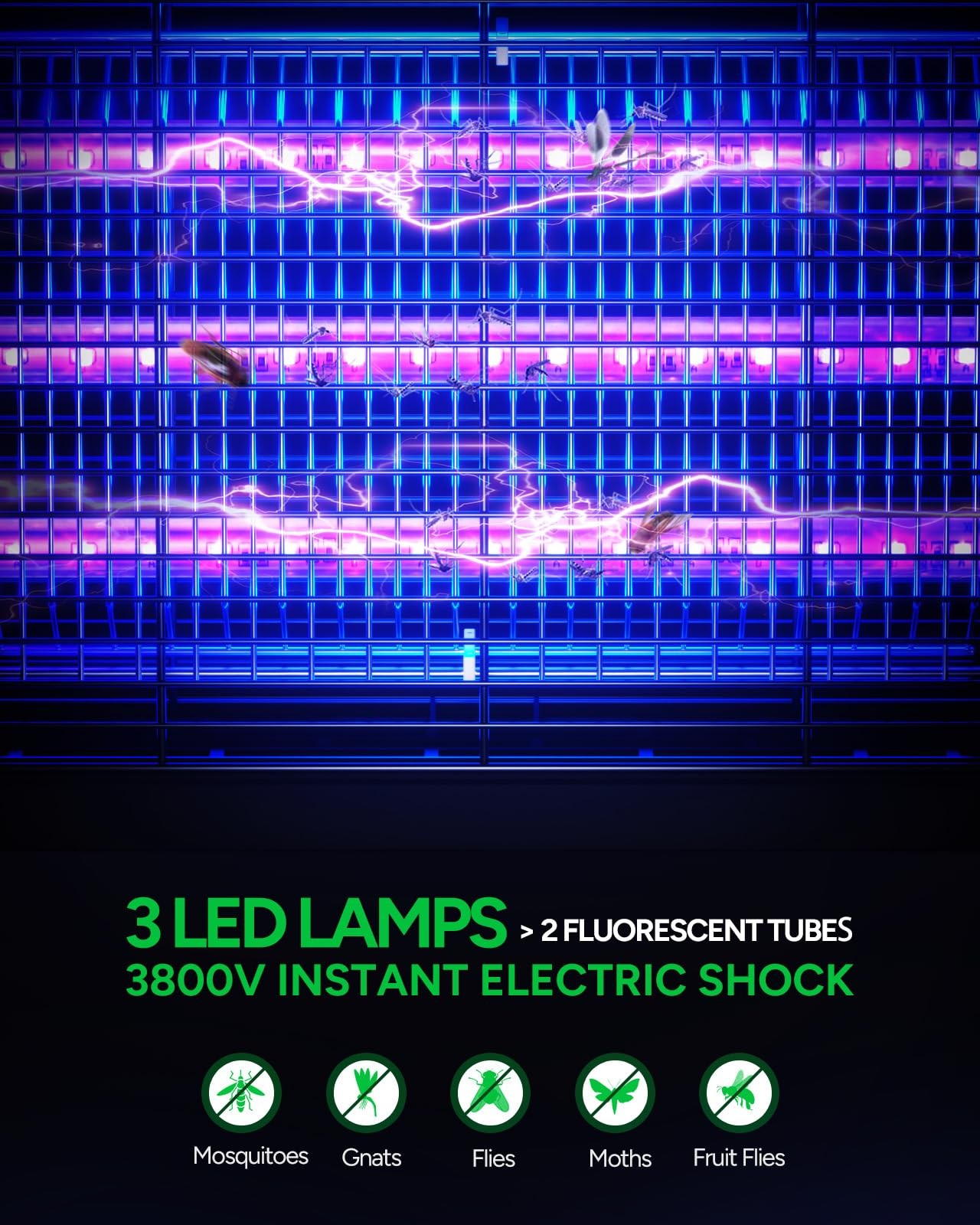 Buzbug Led Bug Zapper Indoor 3800V High-Voltage 3 Led Bulbs Up To 50000 Hours