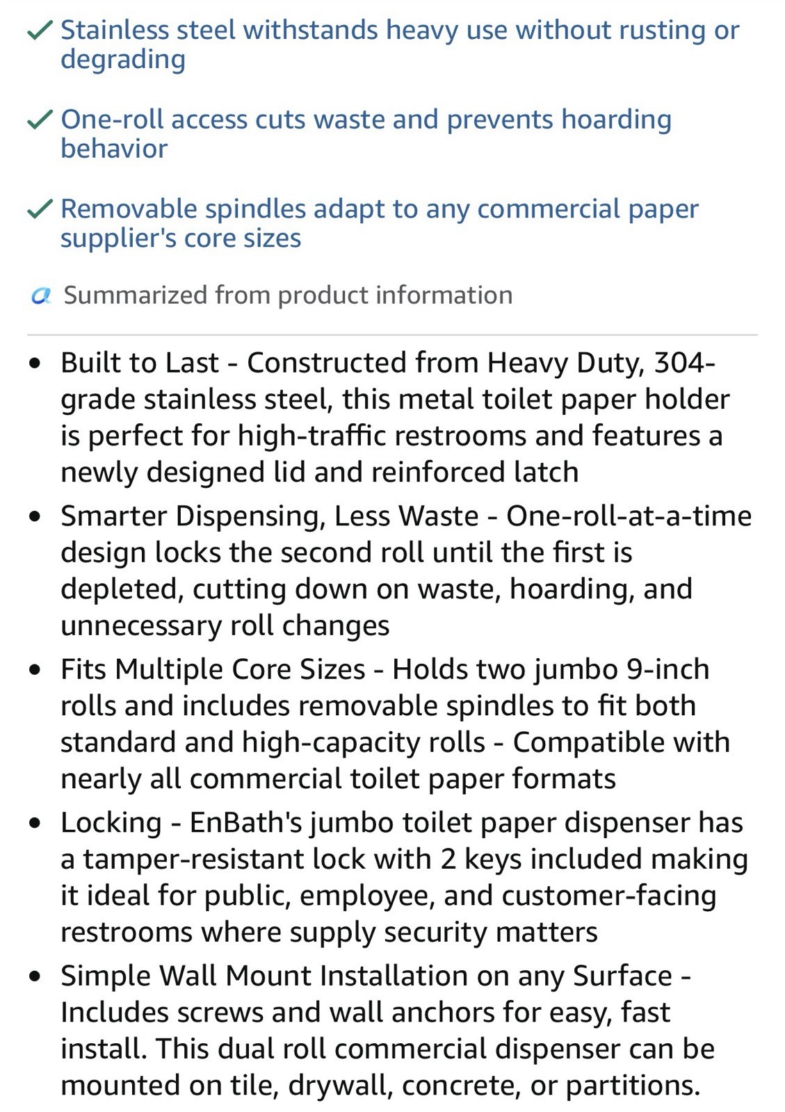 Double Jumbo Toilet Paper Dispenser, Stainless Steel Commercial Dual Roll, Lock