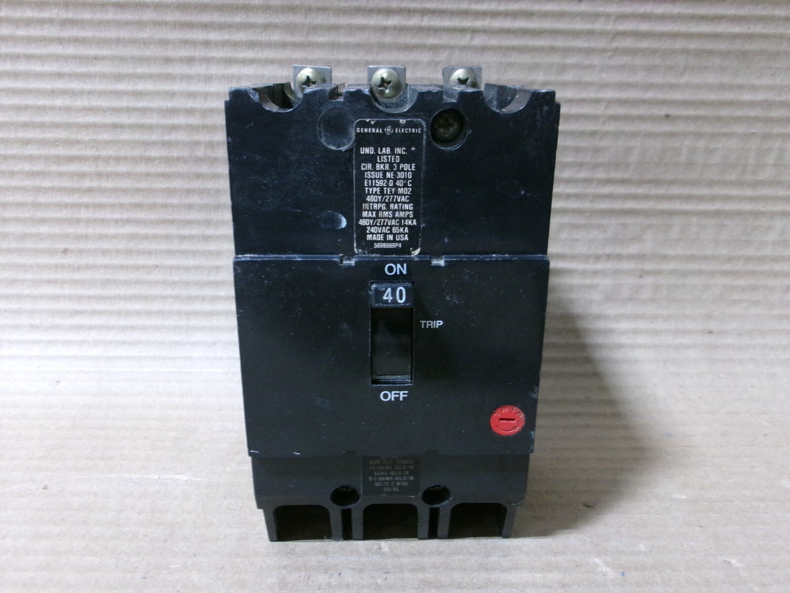 GE TEY TEY340 3 Pole 40 Amp 480V Black Label Circuit Breaker