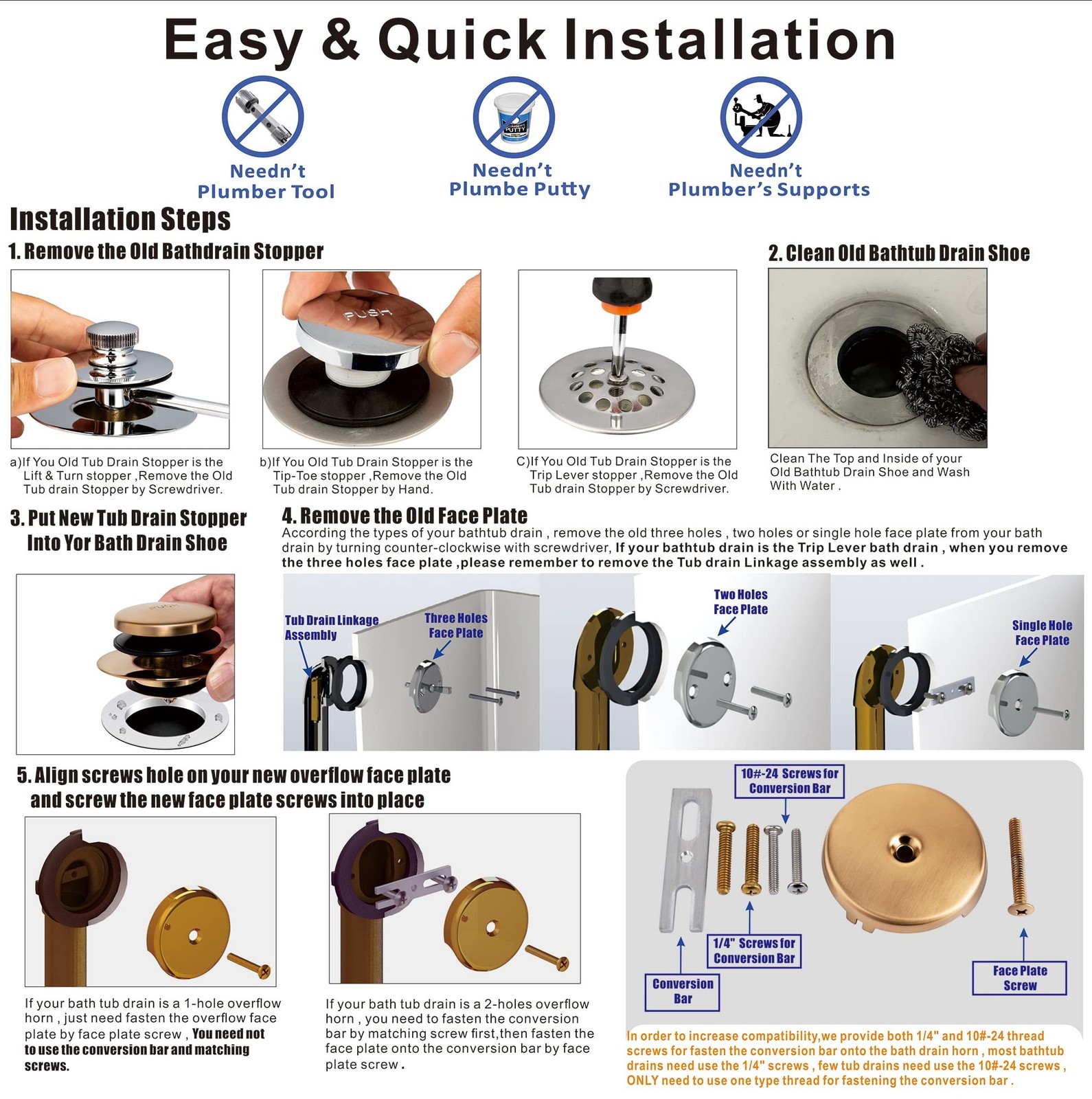 Champagne Bronze Universal Tub Drain Tip Toe Tub Conversion Kit Assembly, Art…