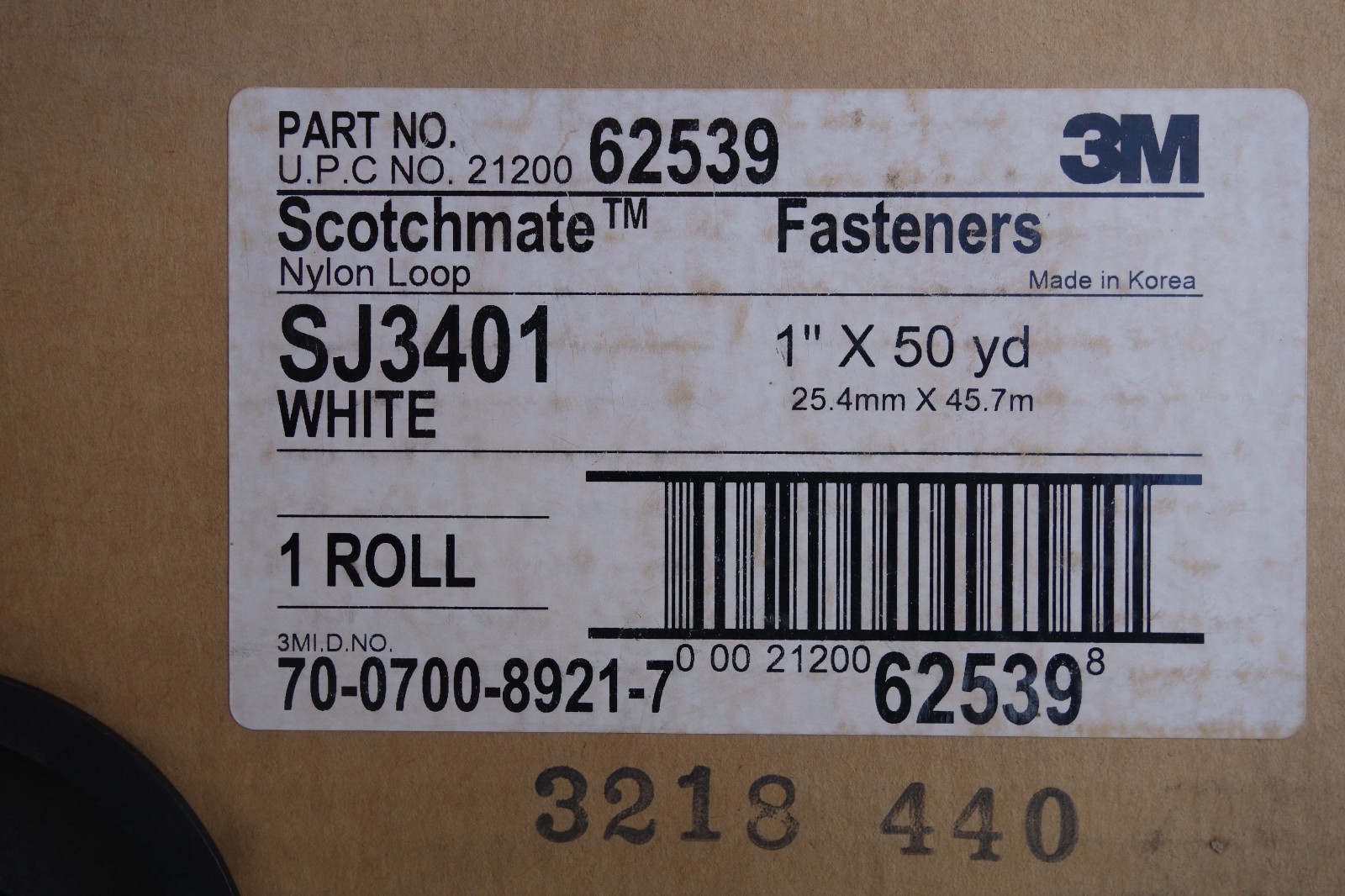 3M Nylon Hook & Loop Fastener 62539 62554 White 1 in x 50 yd, NOS