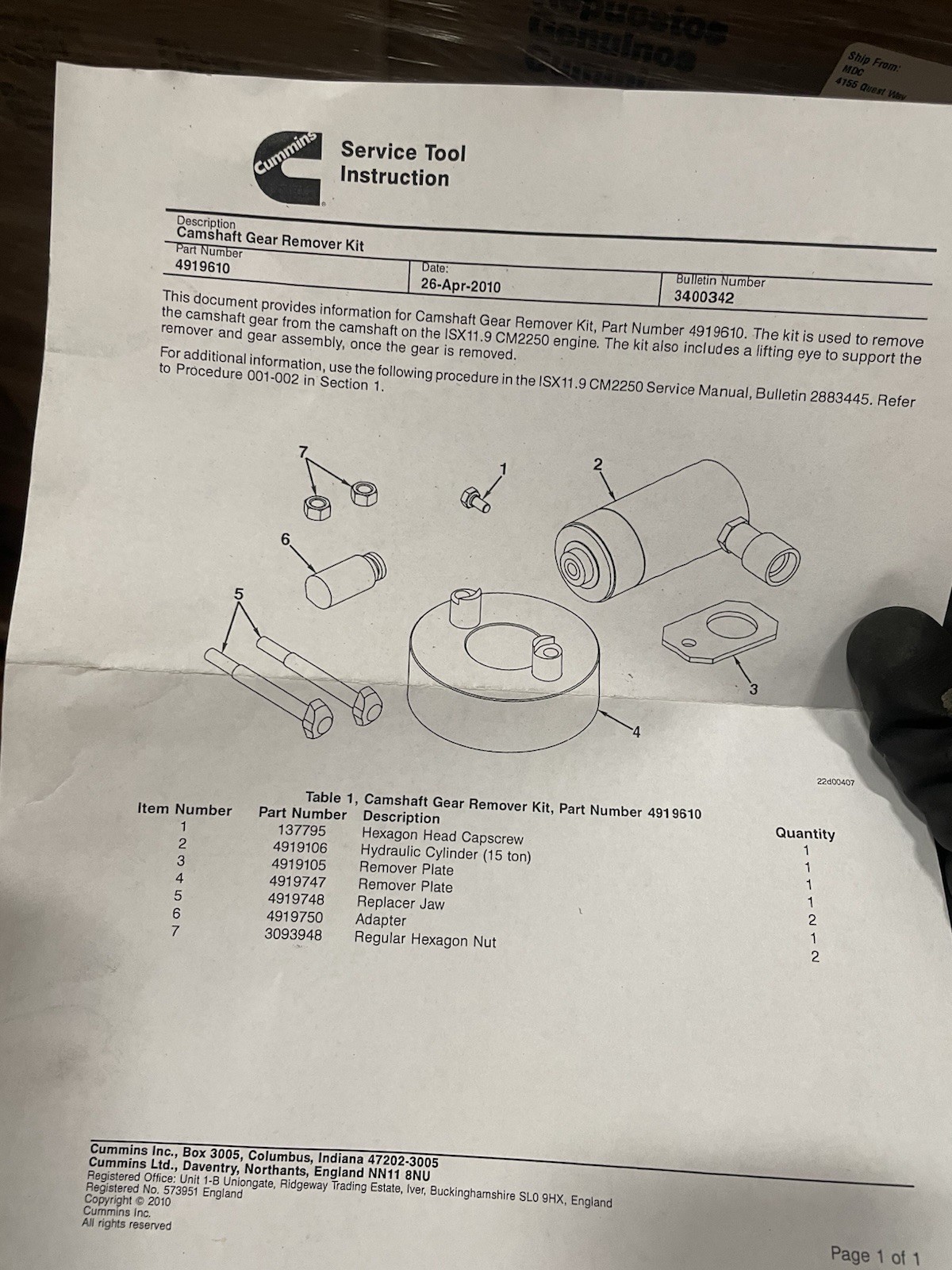 New Cummins Onan REMOVER,CAM GEAR 4919610, 2892359