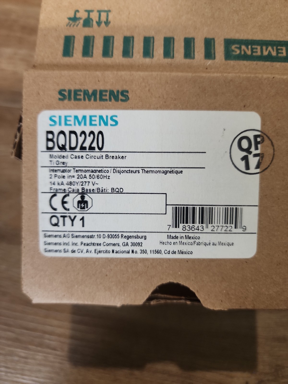 Siemens BQD220 20Amp Circuit Breaker, 2-Pole, New