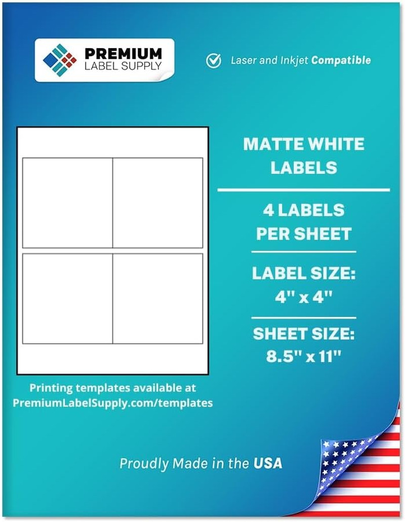 Premium Label Supply White Sticker Square Labels – 4″ x 4″ – Laser/Inkjet Compat