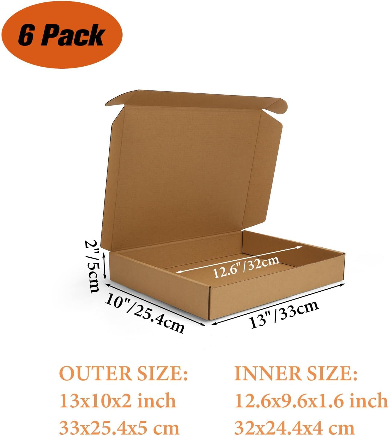 13x10x2 Inch Cardboard Shipping Boxes – 6 Pack, Easy Assemble, Brown Mailers