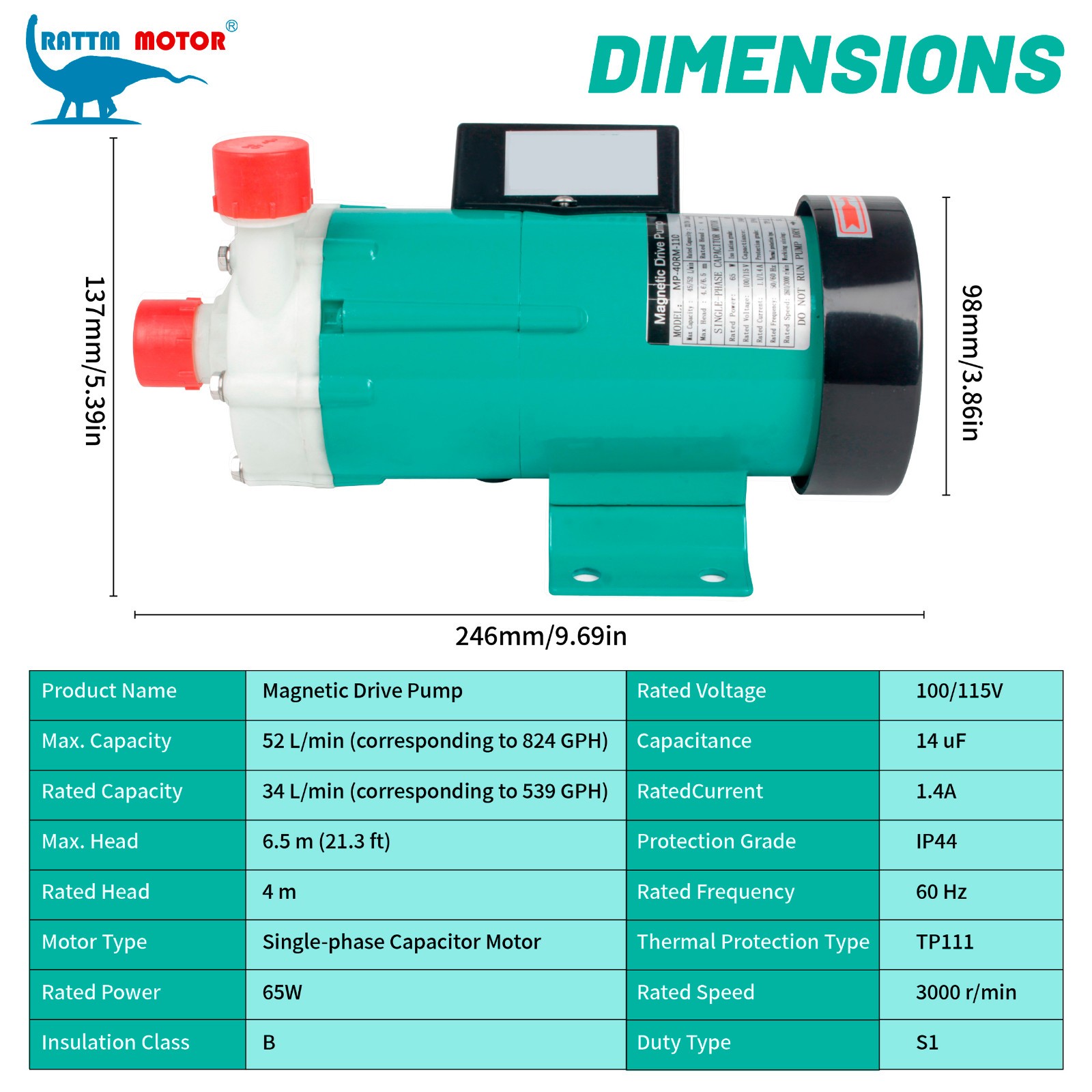 【US】65W 824GPH Magnetic Drive Pump Head 21.3ft 3000RPM 52L/min 3/4″ Thread 110V