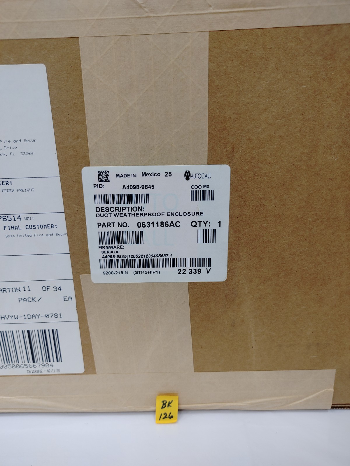 AUTOCALL 0631186AC Weatherproof Duct Housing Enclosure A4098-9845