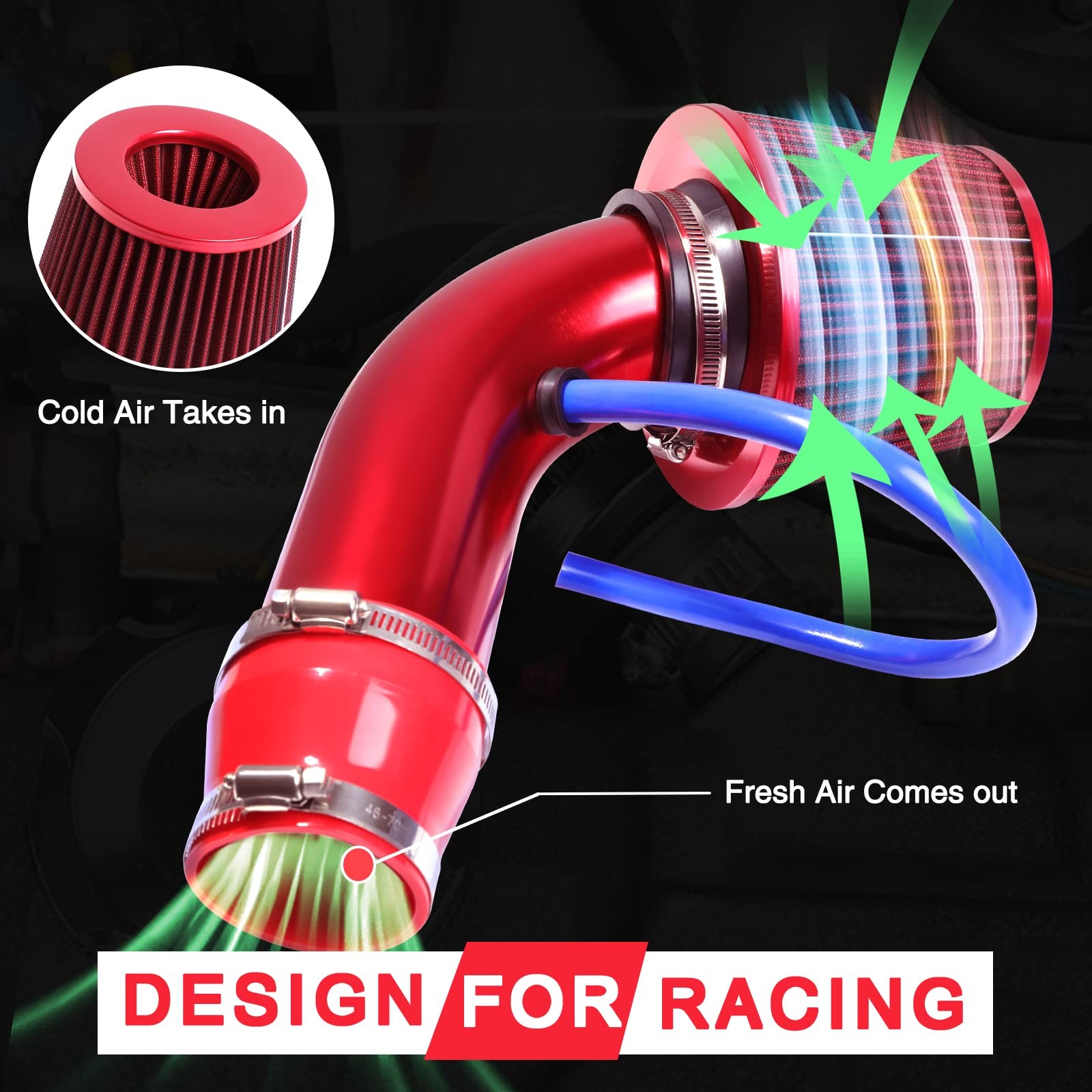 3 Inch Universal Cold Air Intake Pipe Kit High Flow Performance Red