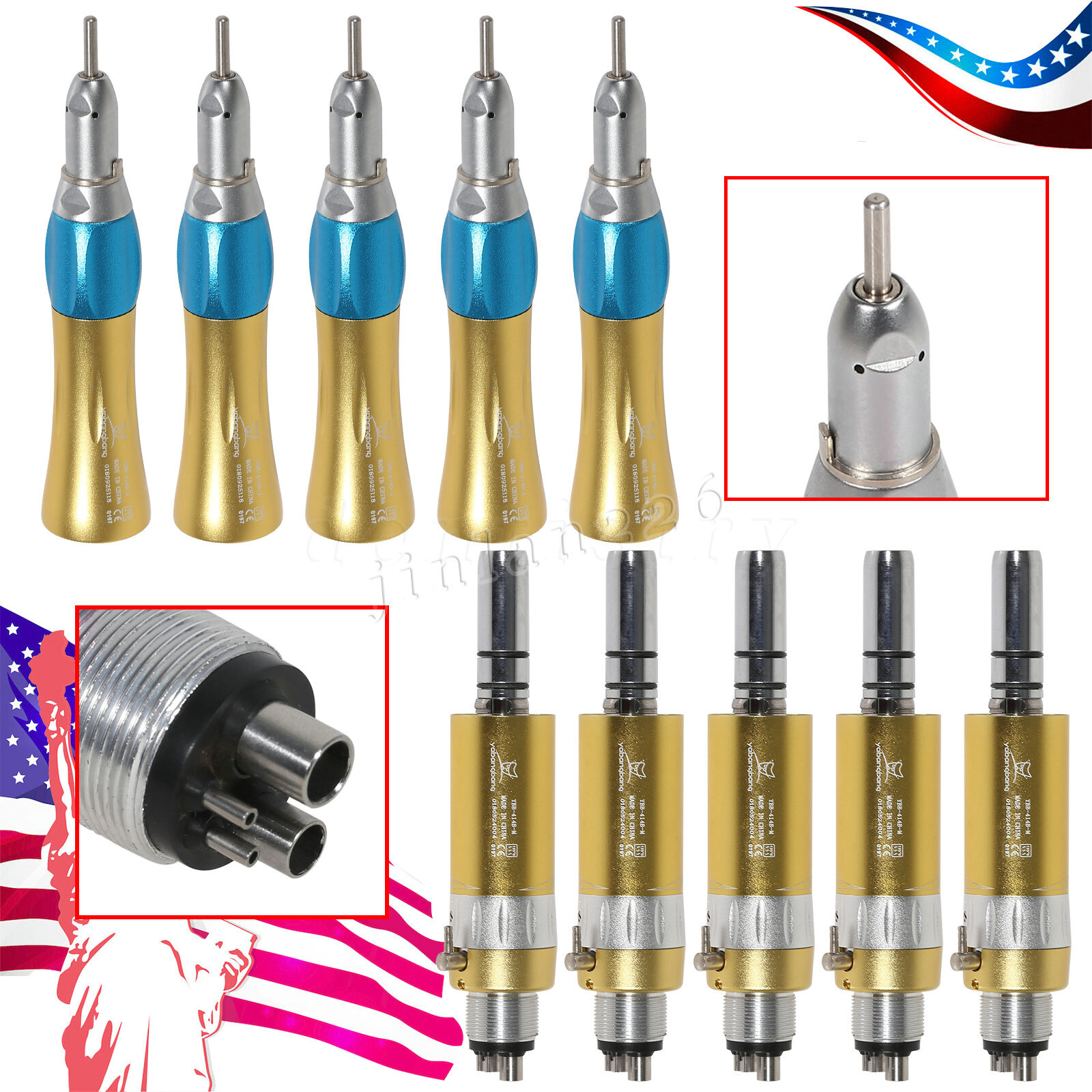 NSK Style Dental Slow Low Speed Straight NoseCone 4Hole Air Motor Handpiece Gold