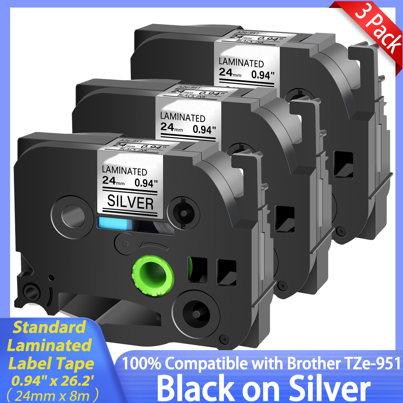 3PK TZe-951 Black on Silver 24mm Tapes Compatible For Brother PT-P710BT PTD-600