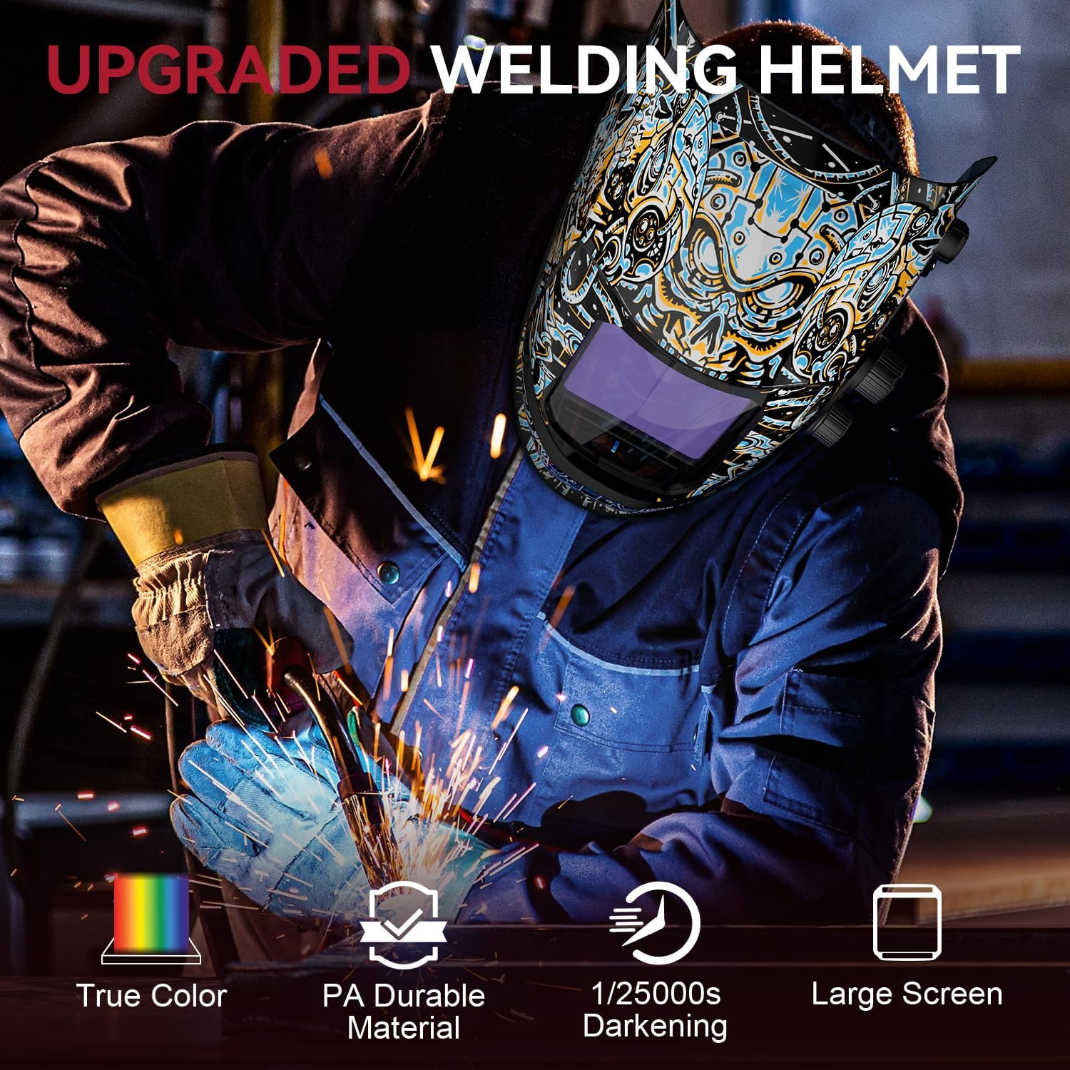 Large Viewing Welding Helmet True Color Auto Darkening Solar Powered Welder Hood