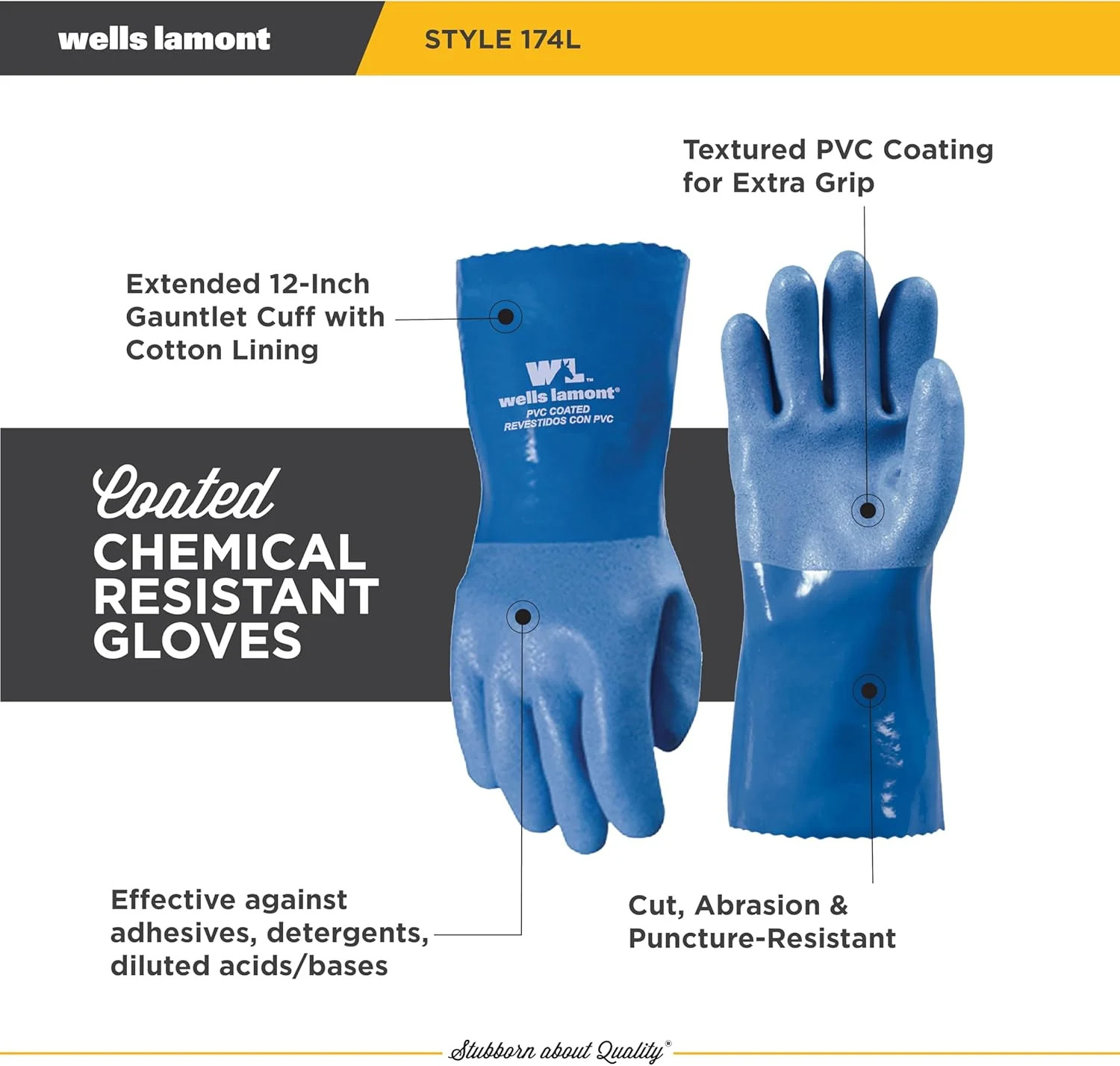 Heavy Duty Rubber Gloves with PVC Coating, Chemical and Abrasion Resistant, Wate