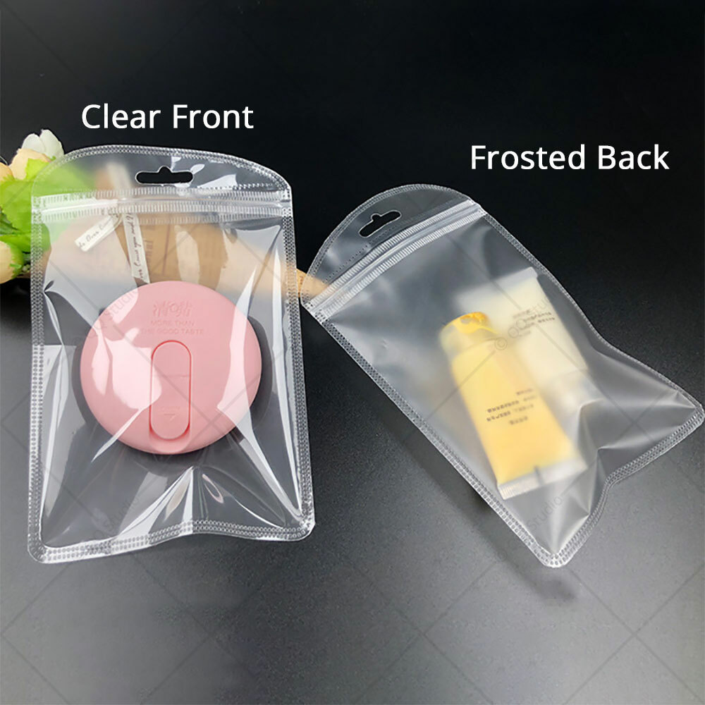Multi-Size Clear/Clear/Frosted White Glossy Flat Mylar Zip Lock Bag w/ Hang Hole