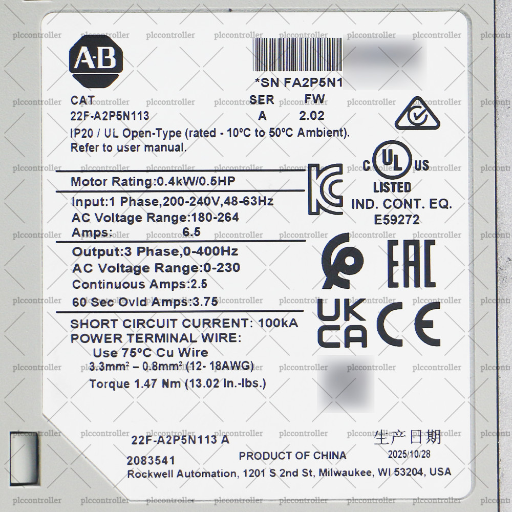 New Sealed 22F-A2P5N113 PowerFlex 4M- 0.4 kW (0.5 HP) AC Drive 240VAC, 1PH