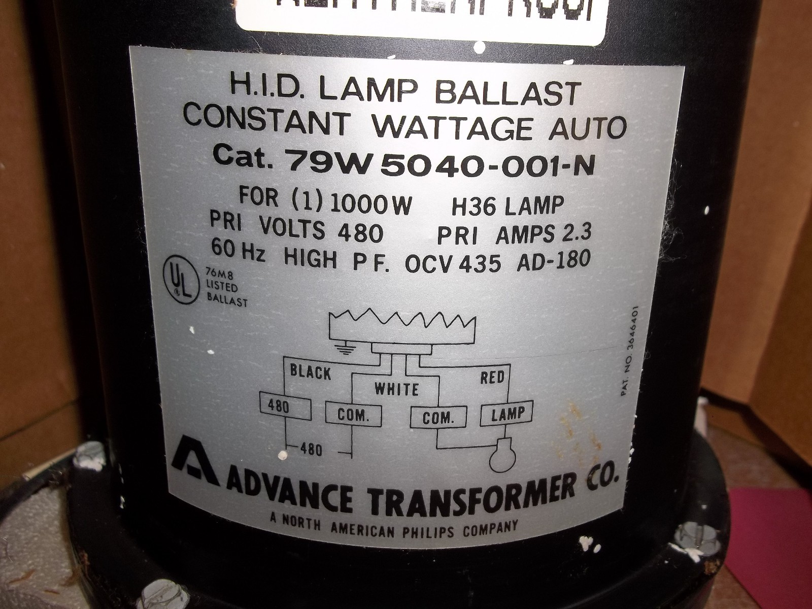 ADVANCE OUTDOOR WEATHERPROOF BALLAST 79W5040-001-N 1000W 480V H36 (WW4)