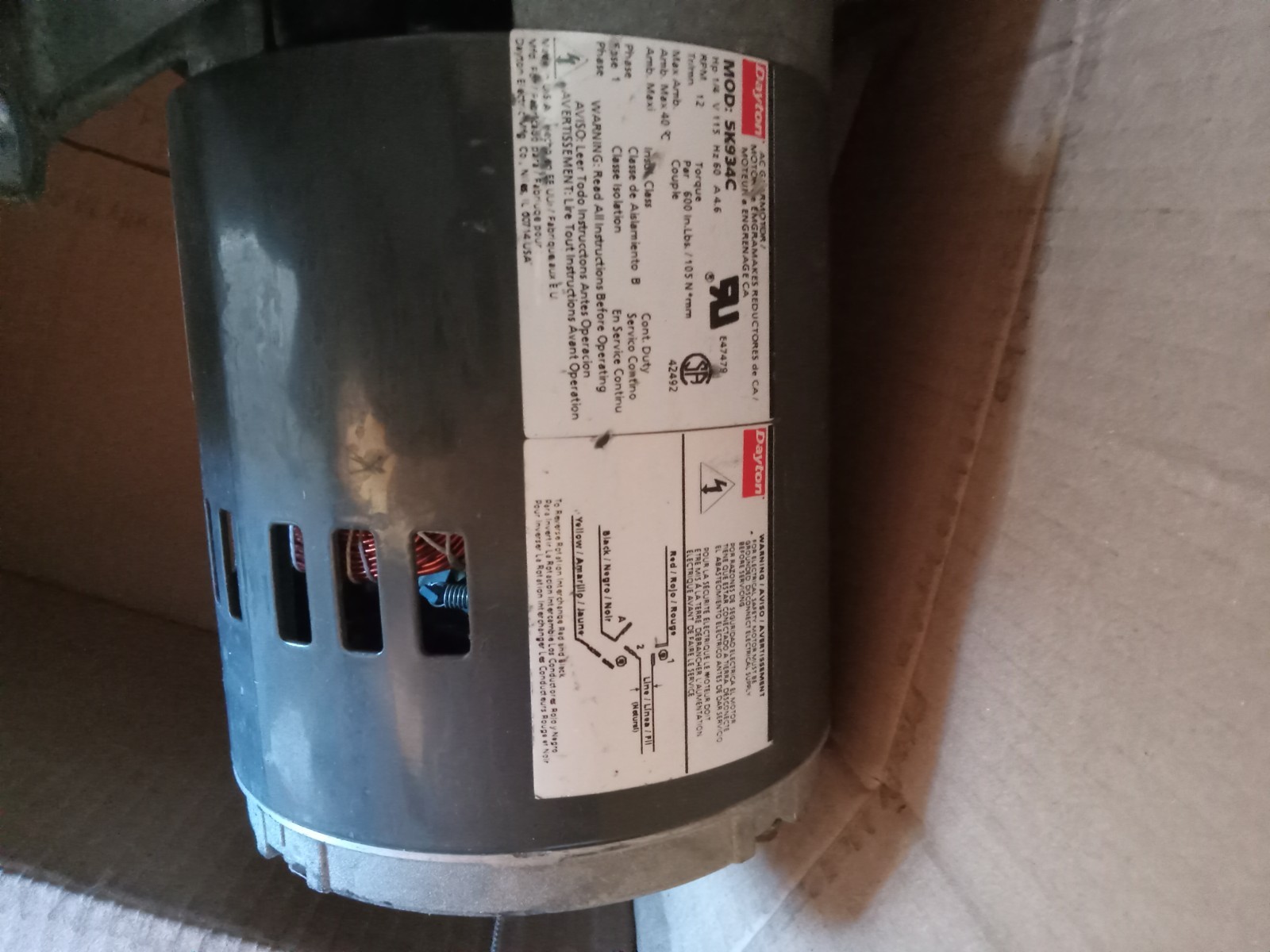 Dayton 5K934C Gearmotor 1/4 HP 115V 12 RPM 144:1 Reversible UNTESTED Parts