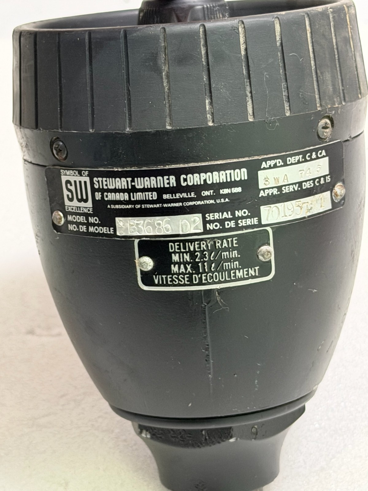 Stewart-Warner B3686 D2 Fluid Control Nozzle Meter Gun Litres Max 11L/min SW
