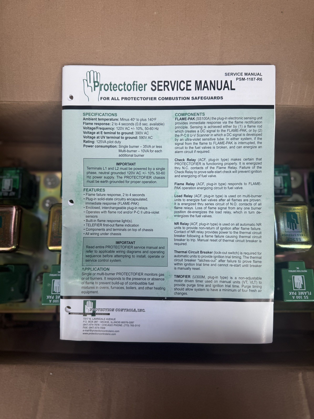 (4 ) Protection Controls PROTECTOFIER. ACF RELAY, SS 100 A FLAME PAK, and S93CP.