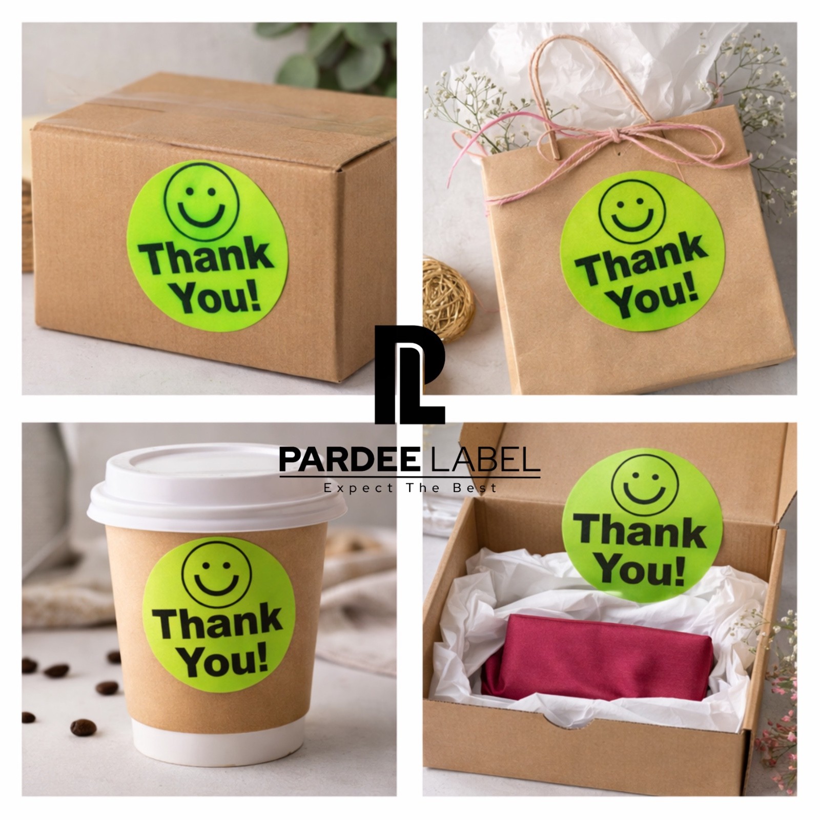 Thank You Stickers Neon Green 2” Circle – 250 Labels Per Roll – Smile Face
