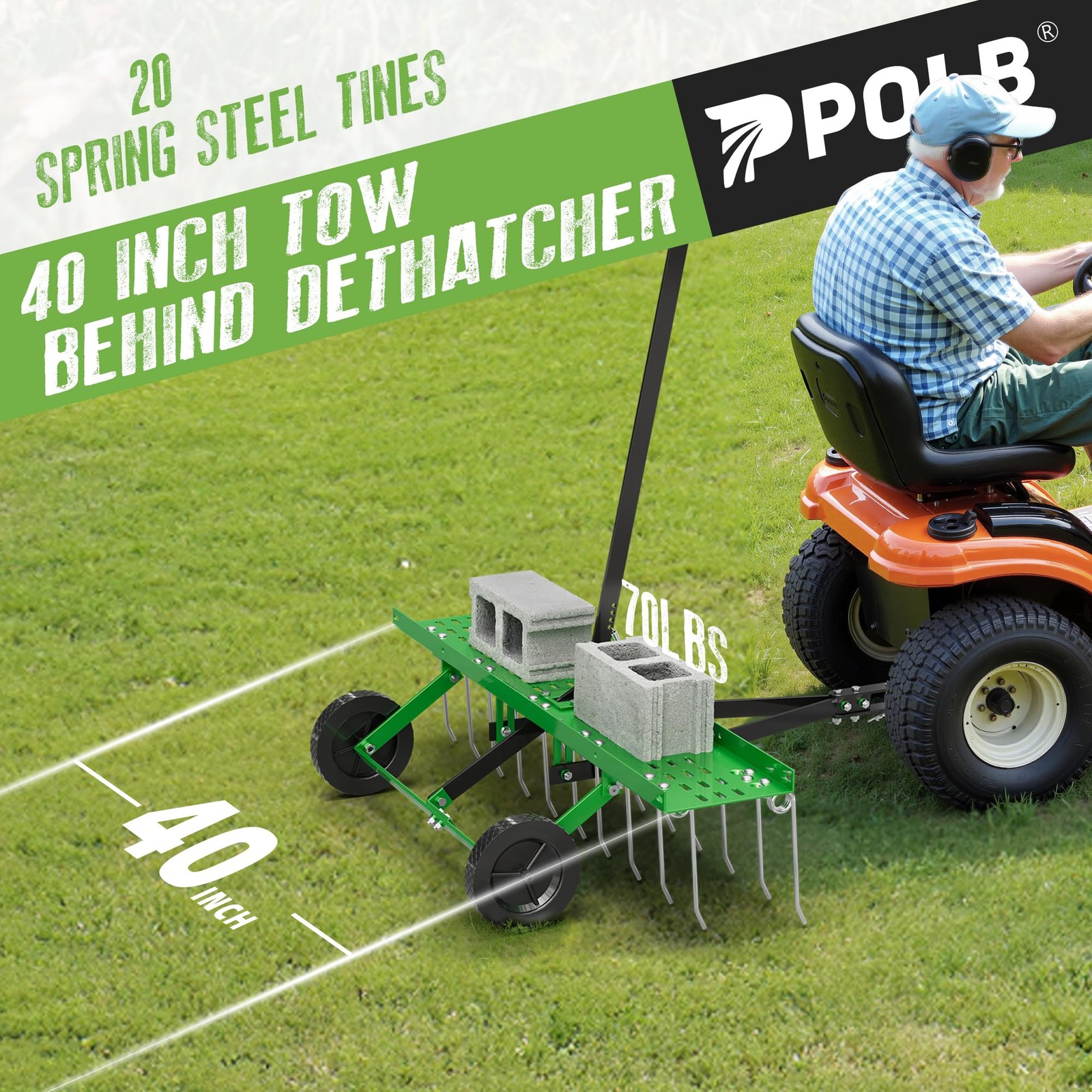 40″ Tow-Behind Dethatcher with 20 Spring Steel Tines, Pull Behind Lawn Tracto…