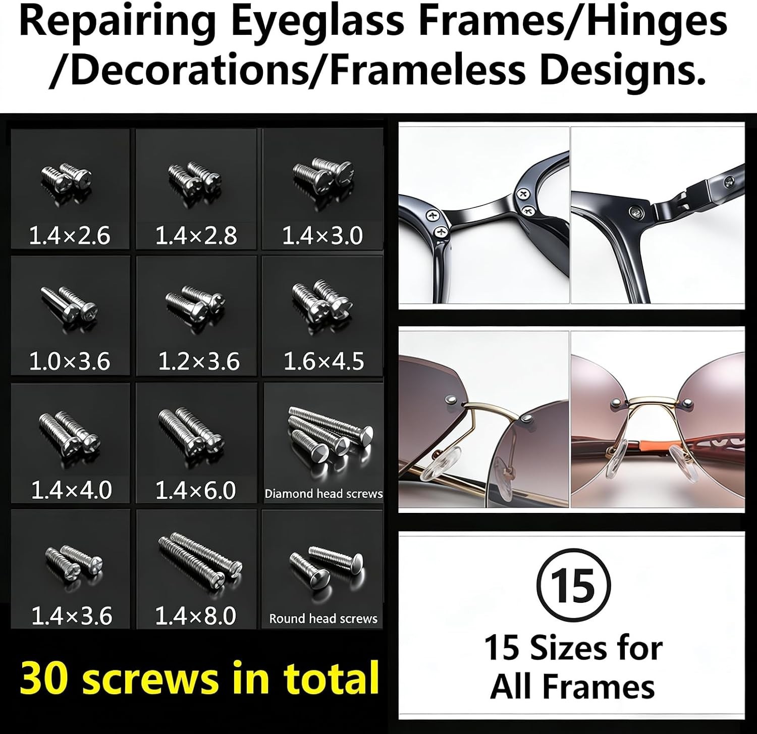 Eye Glass Repairing Kit, S2 Steel Screwdriver with 15 Types of Screws, Precision