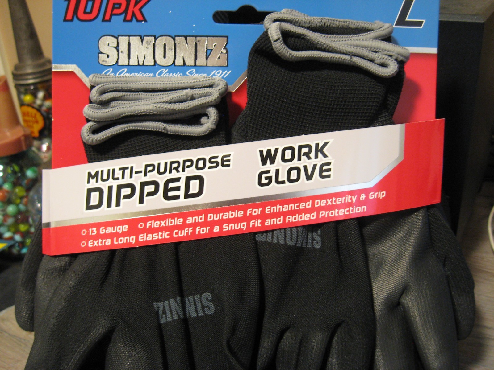 10 Pair Simoniz Multi-Purpose Dipped Work Gloves – Full Finger Black – Size L