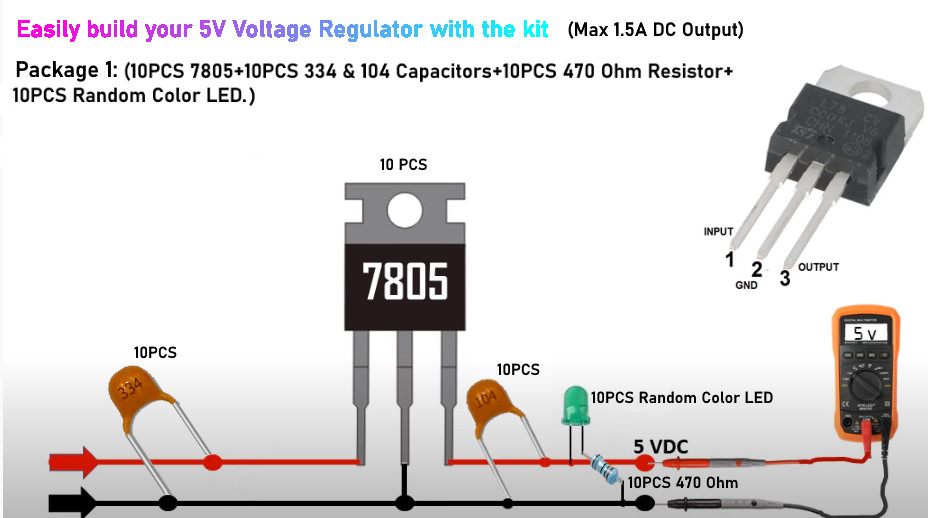 10 Pack L7805CV Voltage Regulator 5V 1.5A TO-220 +10pcs( Capacitor+Resistor+LED