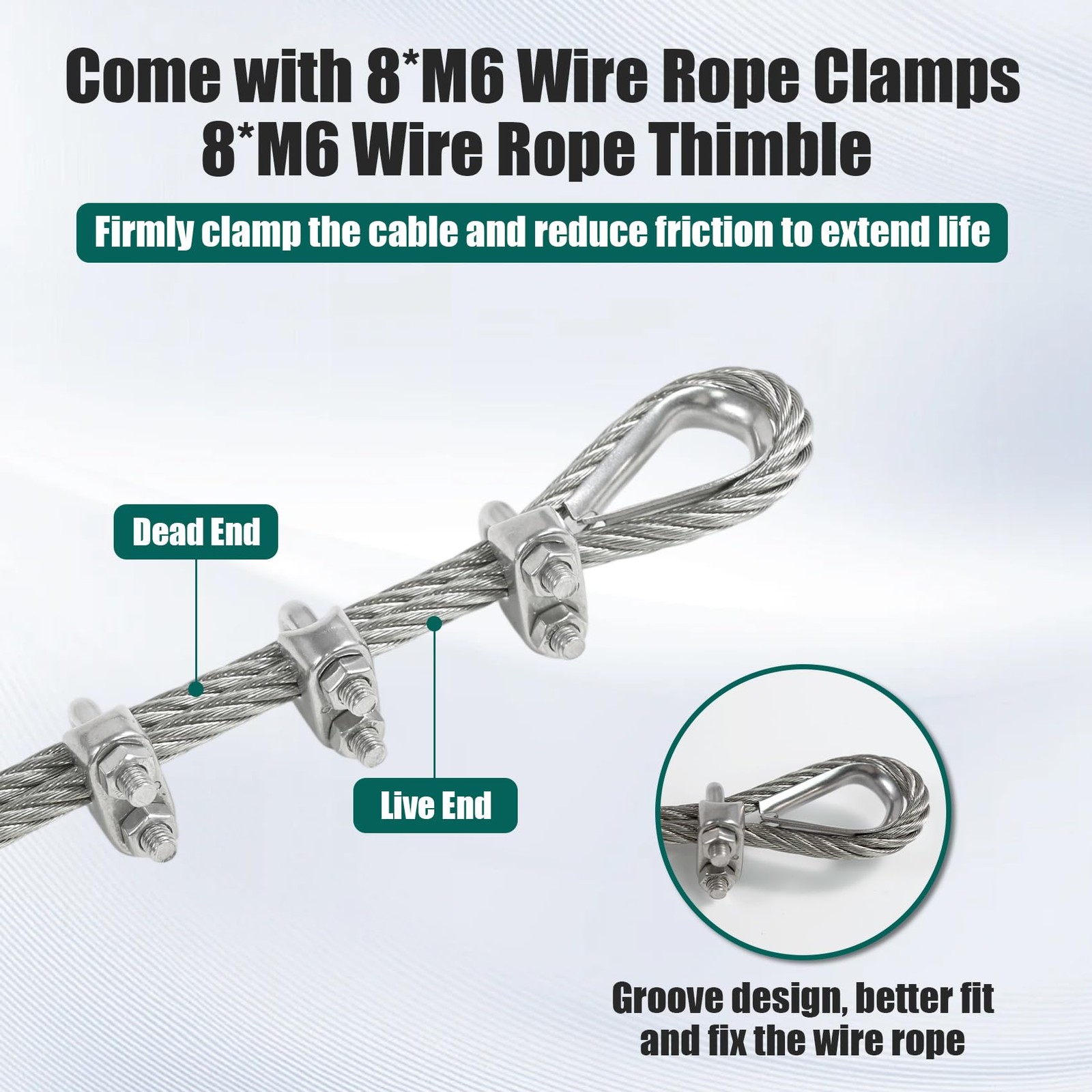 1/4″ Stainless Steel Cable, 25FT Wire Rope with Clamps and Thimble, 7X19 Strands