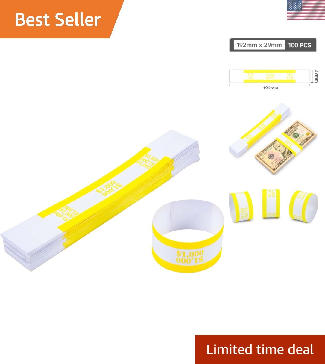 New Pack of 100 Yellow Currency Straps for $1000 Bills