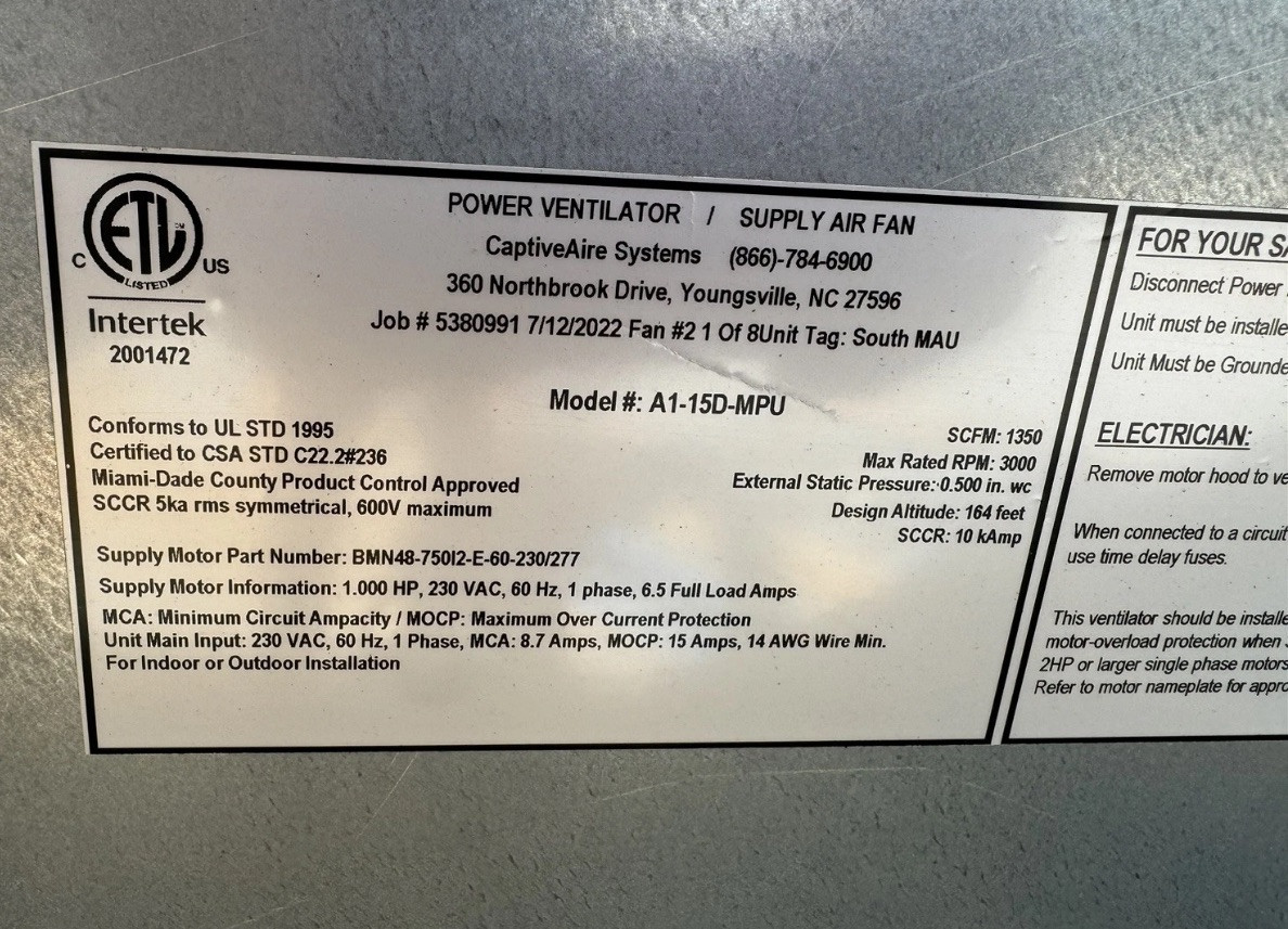 NEW CAPTIVE AIRE Make Up Air Unit Includes A/C Unit 220v 1 Phase