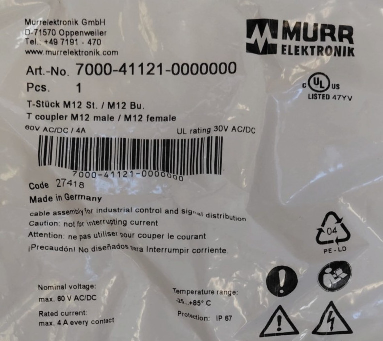 Murr Elektronik 7000-41121-0000000 M12 T Coupler 5-Pin Male to Dual Female IP67