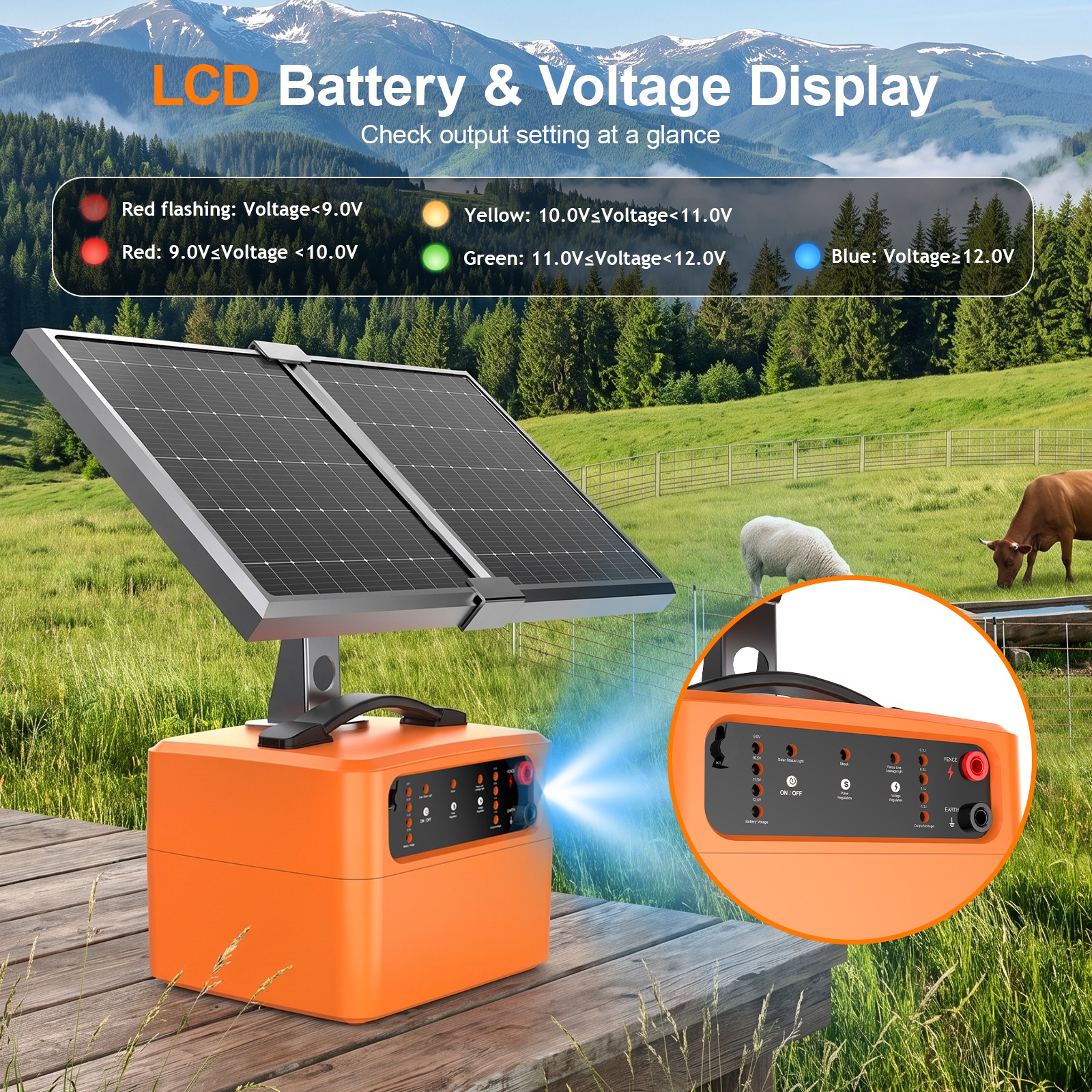 15W Solar Powered Fence Charger 30 Miles 0.3J-1.5J Electric Fence Energizer US