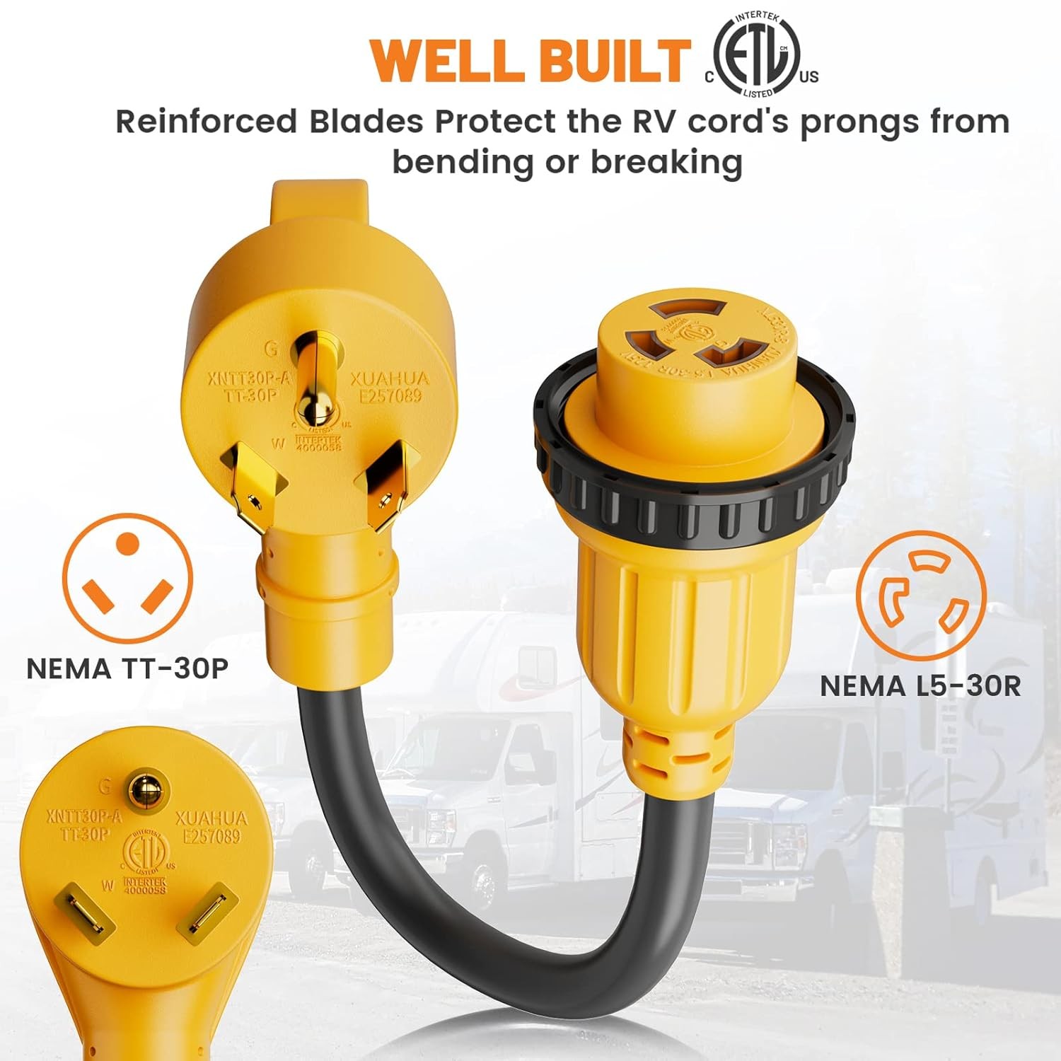 RV Power Cord Adapter NEMA TT-30P to L5-30R 30A 125V Twist-Lock Charging Plug UL