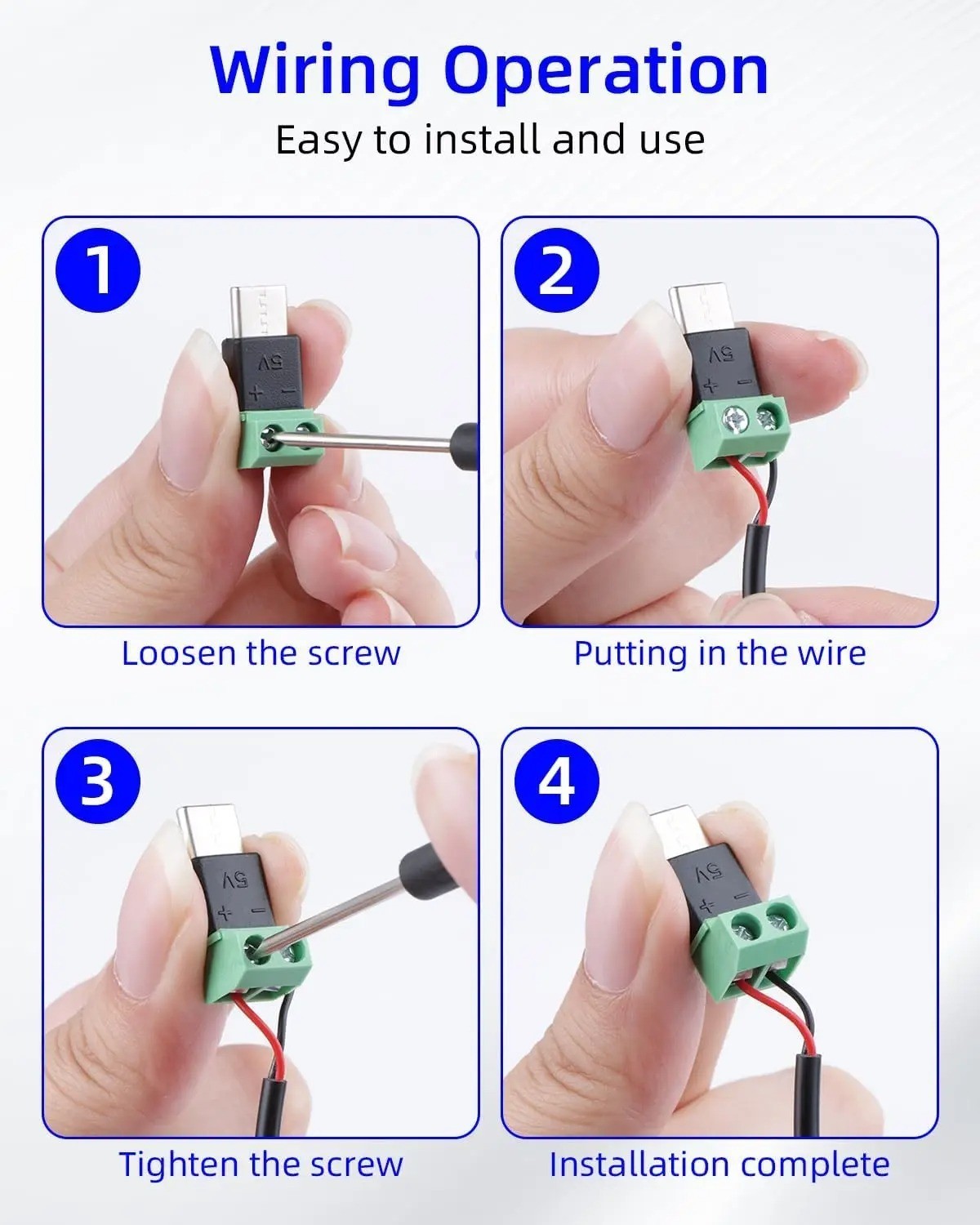 USB Type C Solderless Connector Screw Terminal Adapter Male to 2 Pin 10 PCS
