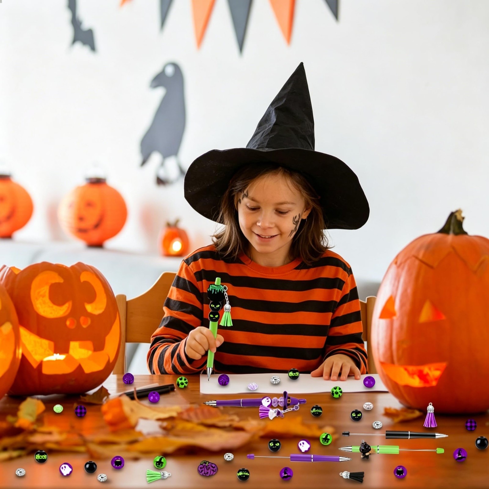 12 Set Halloween Beadable Pens Black Cat Witch DIY Kit Pendants ‎Multicolor