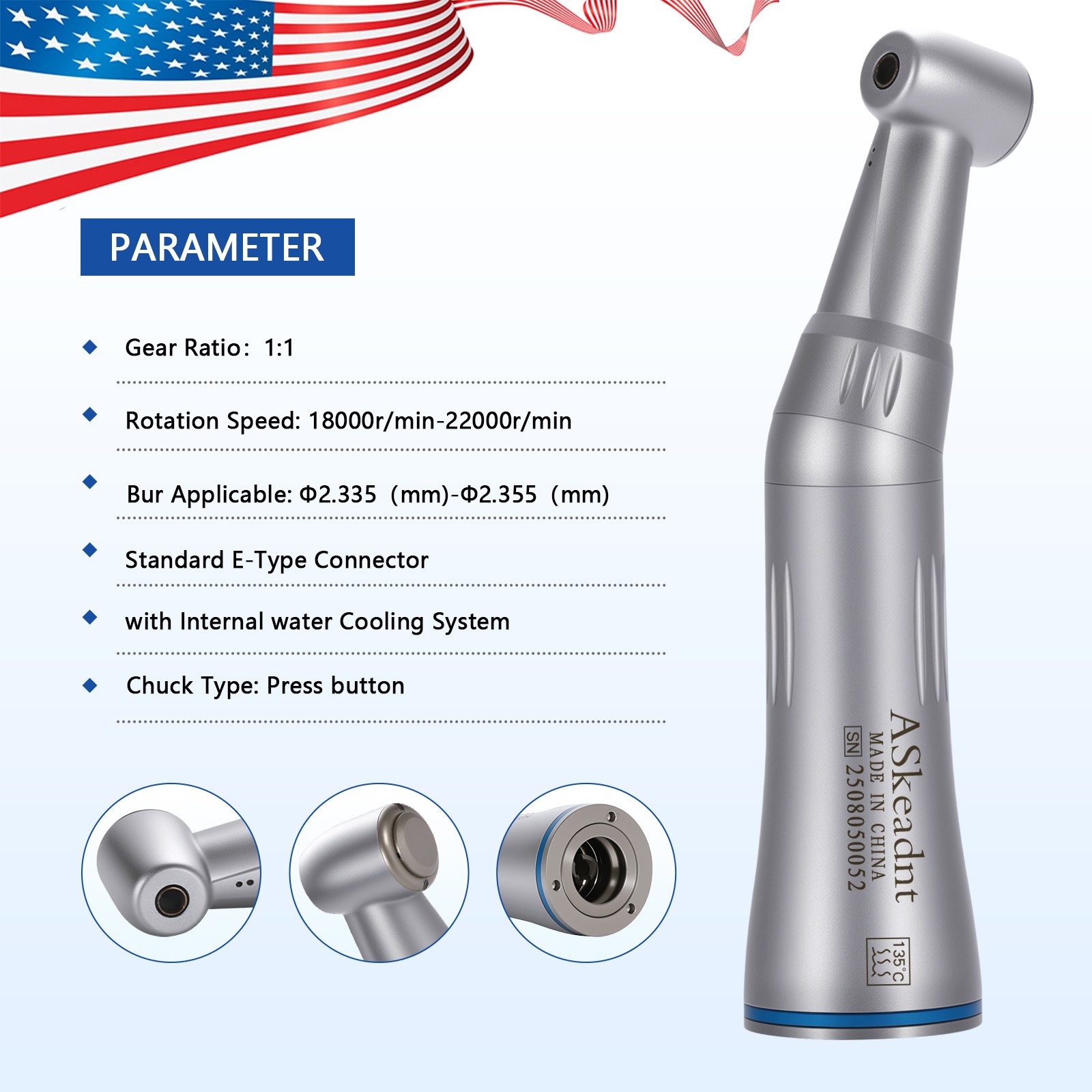 Dental Internal Water Spray Contra Angle E-type Low Speed Handpiece