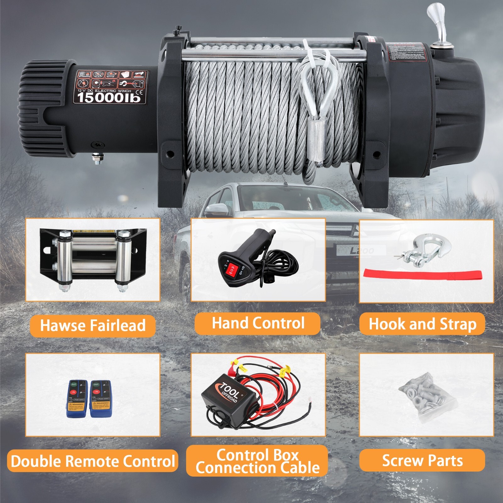 15000 lbs 12V Electric Vehicle Winch, IP66 Waterproof Wire steel Rope