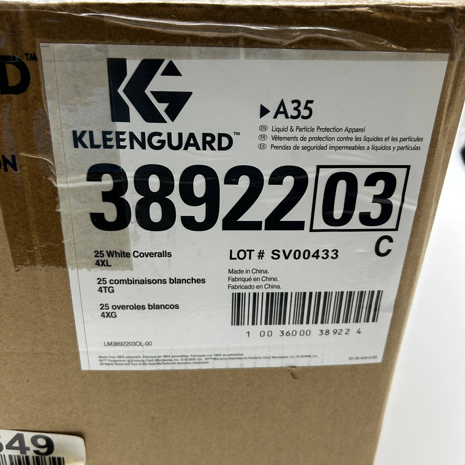 Kleenguard 38922 Coveralls A35 Sz 4XL Disposable White Zippered Front 25pk/Case